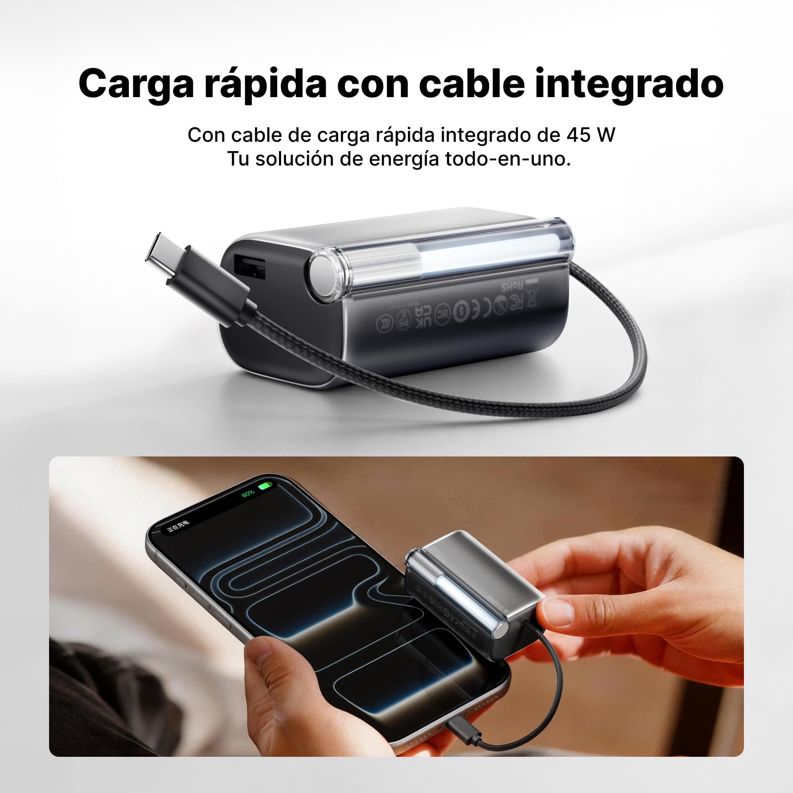 SHARGE 45W Power Bank Carga Rápida 10000mAh, Cargador Portátil USB-C | con Cable USB-C Integrado, Indicador LED de Baterí Cargador Portátil Compacto para Viajes, para iPhone 17/16/15/14/13/iPad