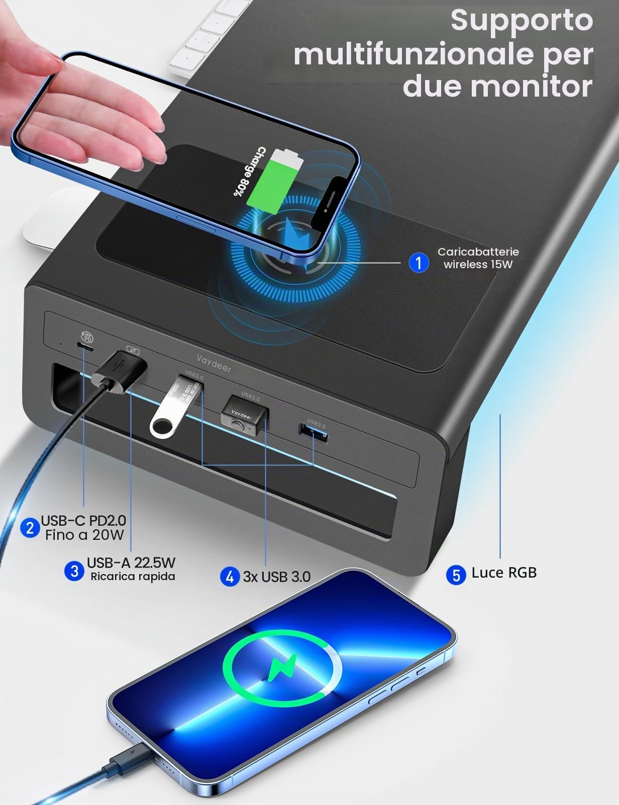VAYDEER Supporto per Monitor | Rialza il monitor e crea spazio per tastiera, mouse e accessori, aiutando a mantenere ordinata la postazione.