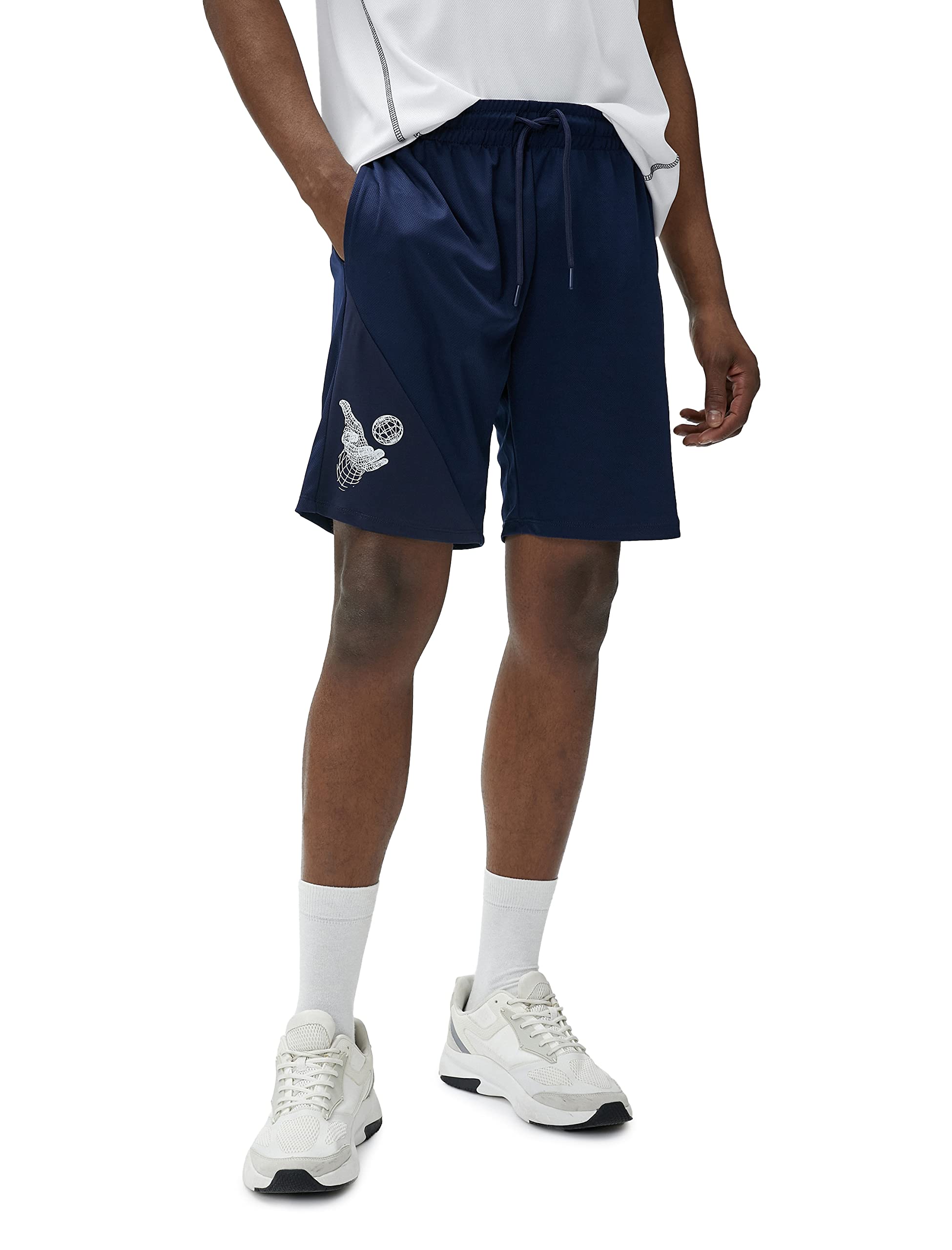 Koton Men's Basketball Shorts Printed Drawstring Pocket Detailed Shorts, Navy (708),