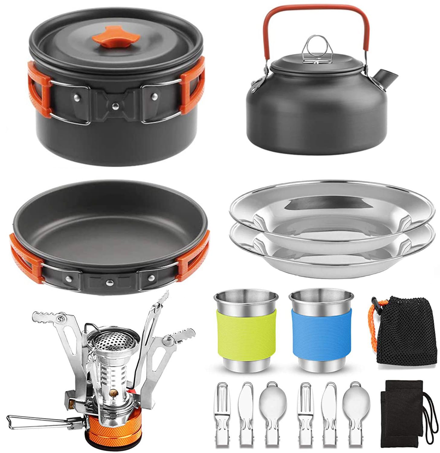 Batterie de cuisine de camping en aluminium anodisé dur pour 2 à 3 personnes, réchaud ultra léger avec casserole, théière et vaisselle en acier inoxydable, kit de cuisine compact pour camping