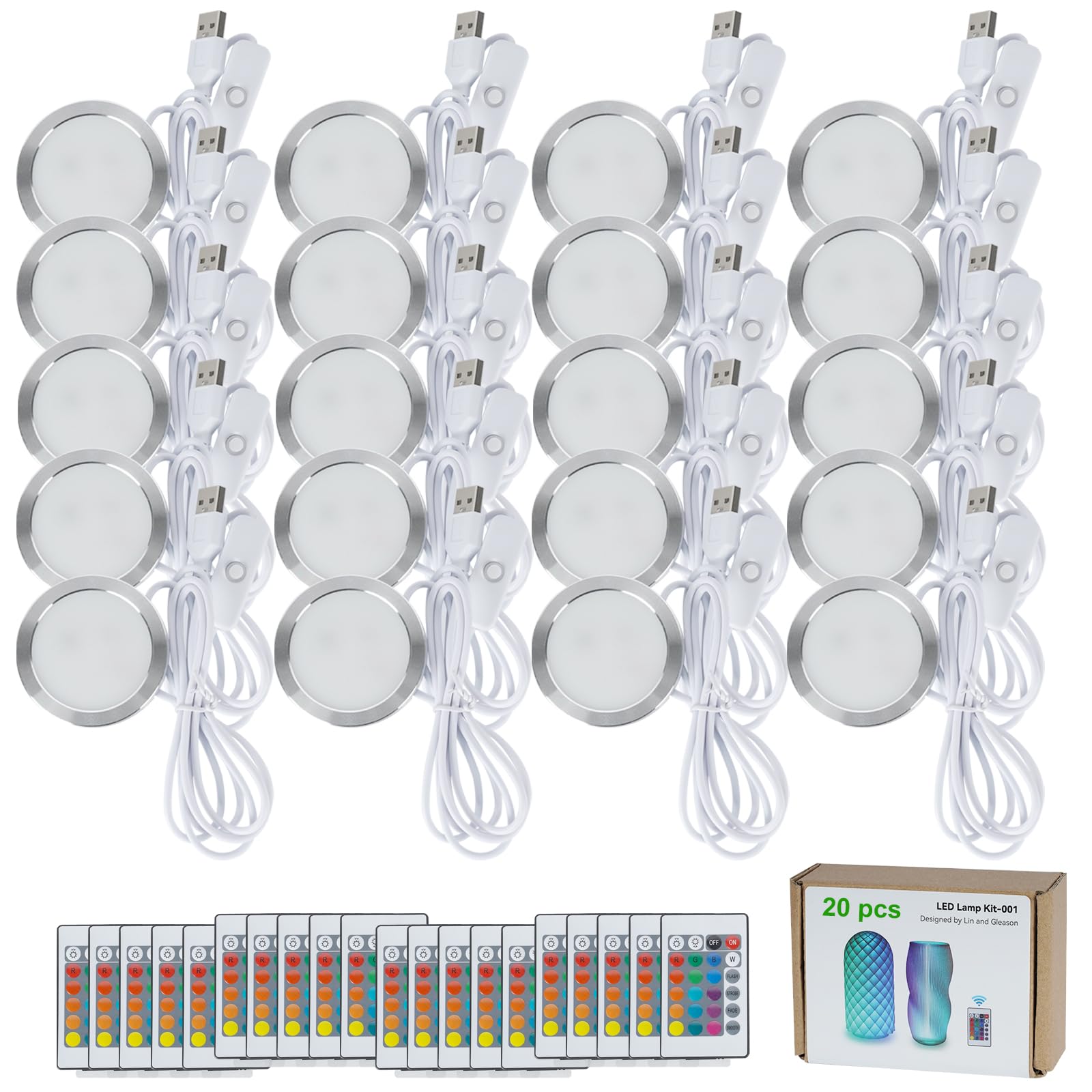 20PCS Remote Control RGB LED Lamp Kit 001 for Bambu Lab H2D/X1/P1P/A1 Multicolor Includes Button Battery Makerworld for Anycubic Makeronline 3D Printer Light DIY Hardware Model Parts USB