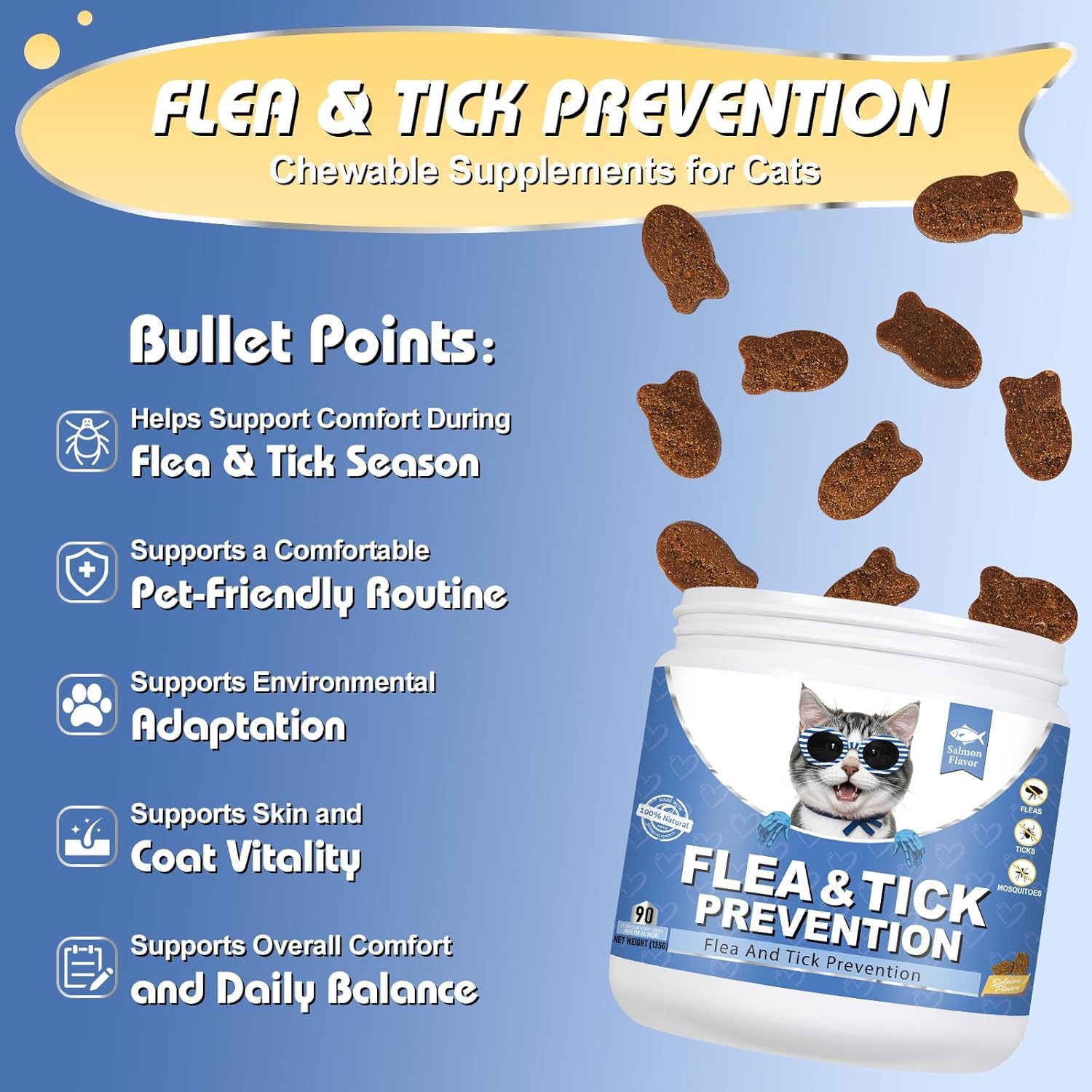 Bailey & Buddies Compléments Alimentaires Anti Puces et Tiques pour Chats | Premium | Omega 3, Probiotiques | Formule Vétérinaire Britannique | Saveur Poulet | 135g