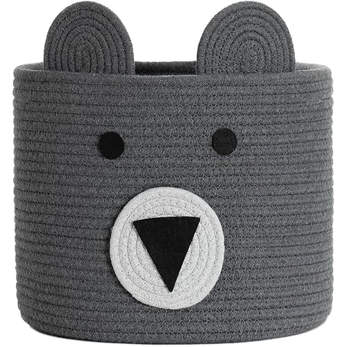 CherryNow Bear Basket, Cotton Rope Basket, Woven Laundry Hamper, Cute Storage Bin in Bedroom, Nursery & Living room, 10'' (H) x 12'' (D) Grey