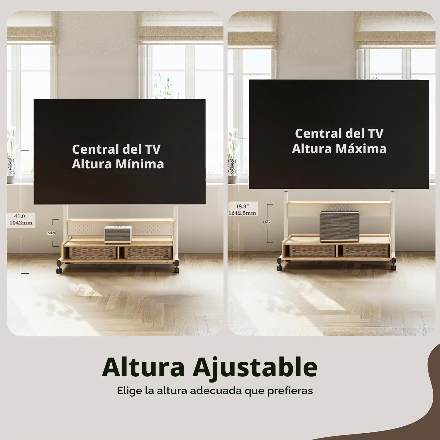 FITUEYES Mueble TV Móvil para 70 a 100 Pulgadas, Soporte TV Pie con Ruedas de Estructura de 2 Tubos, Soporte Monitor Carrito con Mueble Madera y Función de Altura Ajustable