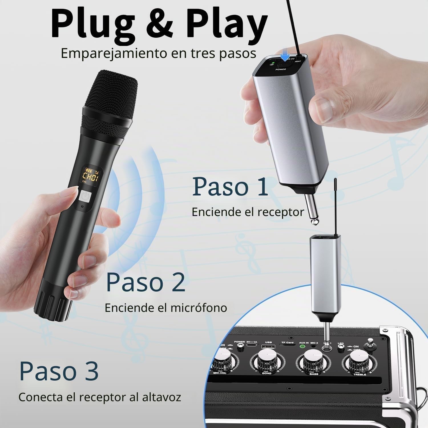 Micrófono inalámbrico, Sistema de micrófono inalámbrico UHF con Dos micrófonos de Mano inalámbricos y Receptor Recargable, Alcance de 200 pies, para Sistemas de megafonía, Karaoke, DJ, Canto