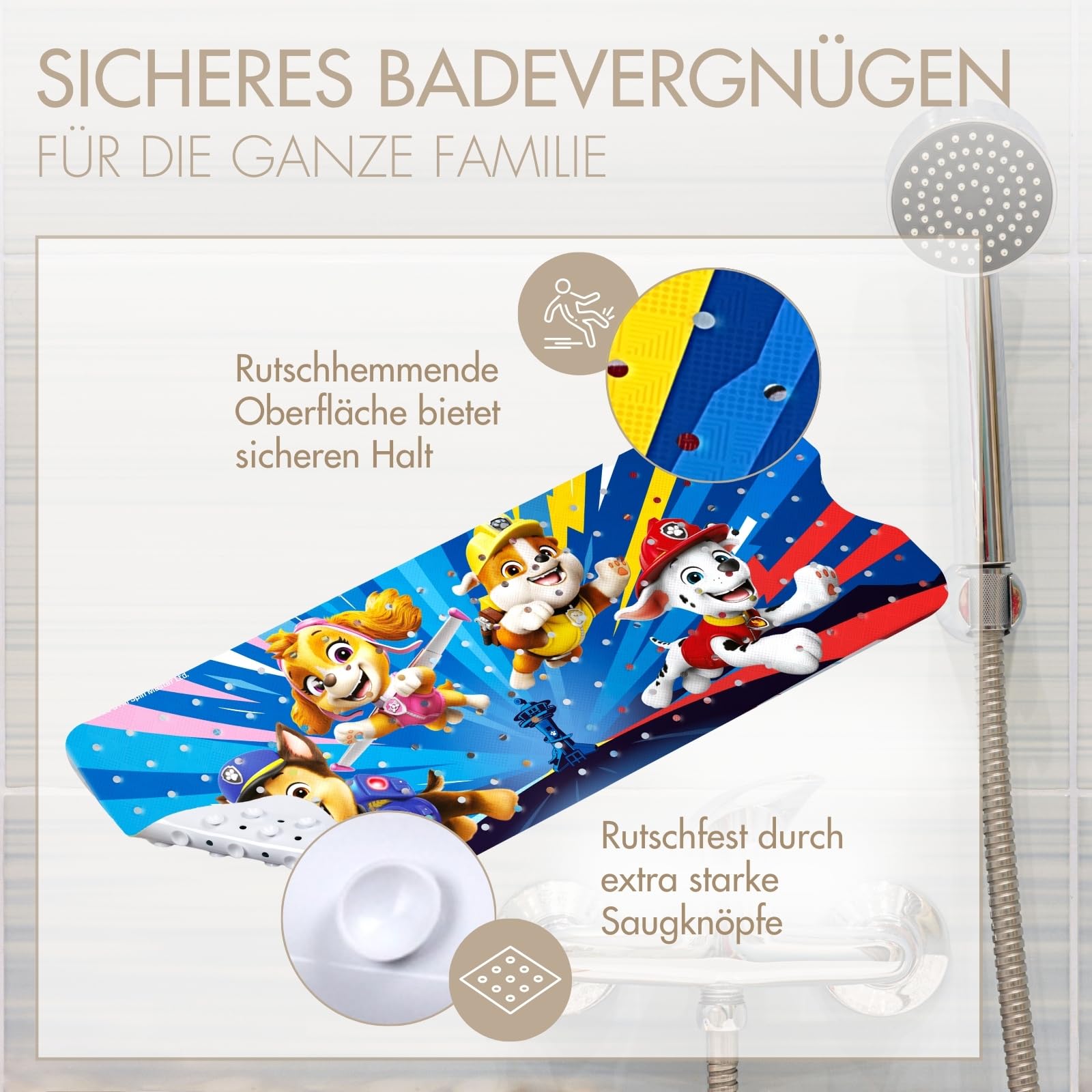PAW Patrol rutschfeste Badematte für Kinder - Anti Schimmel Badewanneneinlage Fans, antibakteriell, mit Saugnäpfen, Aufhängern und Ablauflöchern, 100x40cm