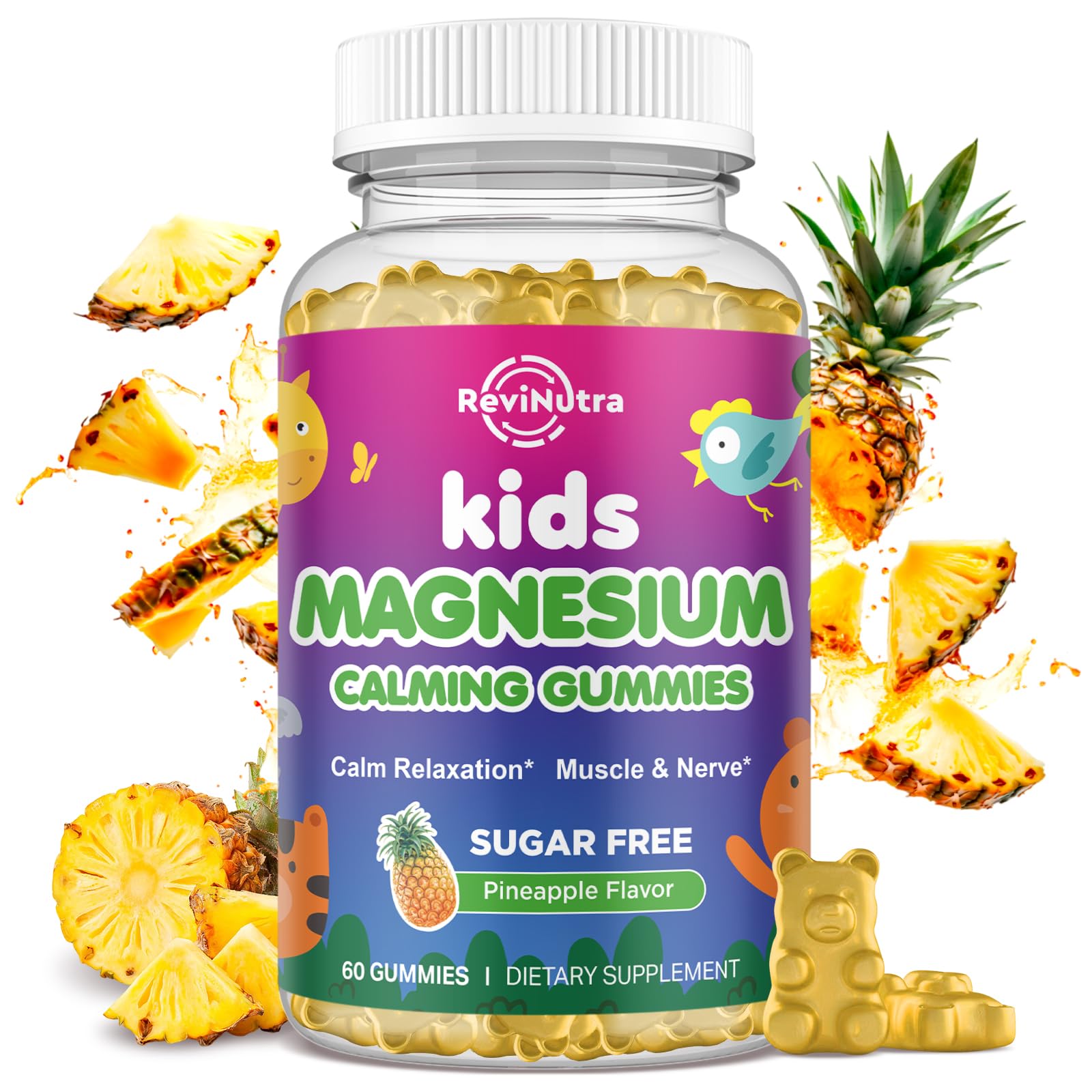 Kids Magnesium Gummies, Magnesium Glycinate Gummies for Kids & Adults with L-Theanine, Chamomile, Licorice, Vitamin D, B6 for Sleep, Relaxation, Brain & Muscle, Sugar Free Pineapple 60ct Pineapple 60 Count (Pack of 1)