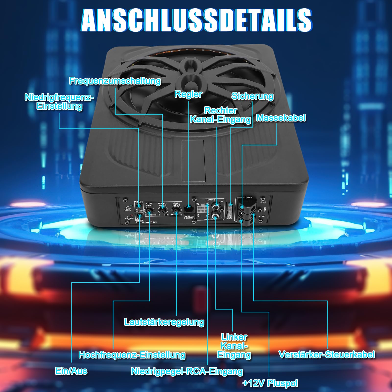 Subwoofer activo ultradelgado de 10 pulgadas 800W para automóvil/camión con amplificador, graves potentes, frecuencia 20Hz-150Hz, controlador de graves incluido, con funciones de protección