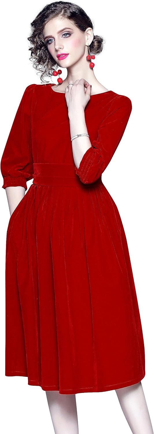 LAI MENG FIVE CATS Women's Velvet Midi Dress - Vintage Round Neck Long Sleeve Swing A-Line Party Dress With Sequins