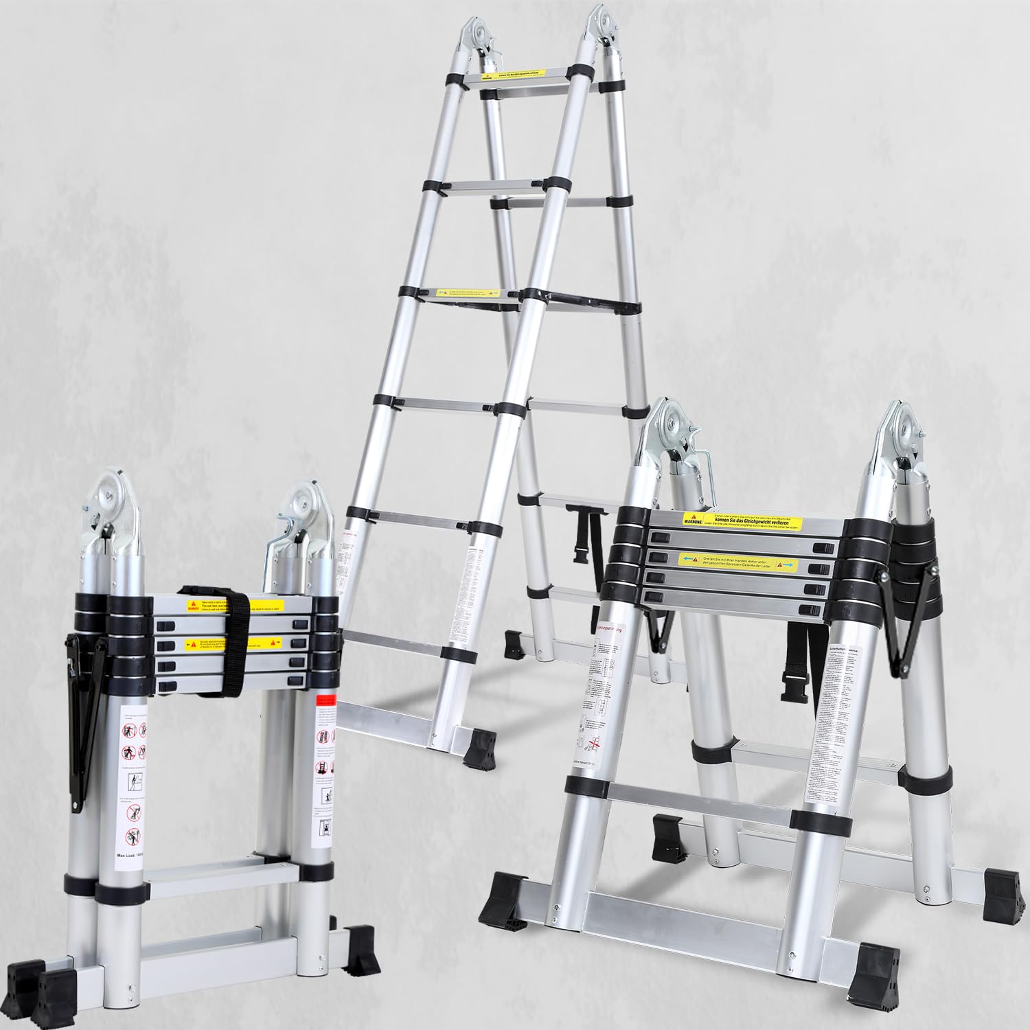 Escalera telescópica de aluminio de 3,8 m con estabilizador triangular, escalera plegable, antideslizante, multiusos, capacidad de carga de 150 kg (1,9 + 1,9 m)