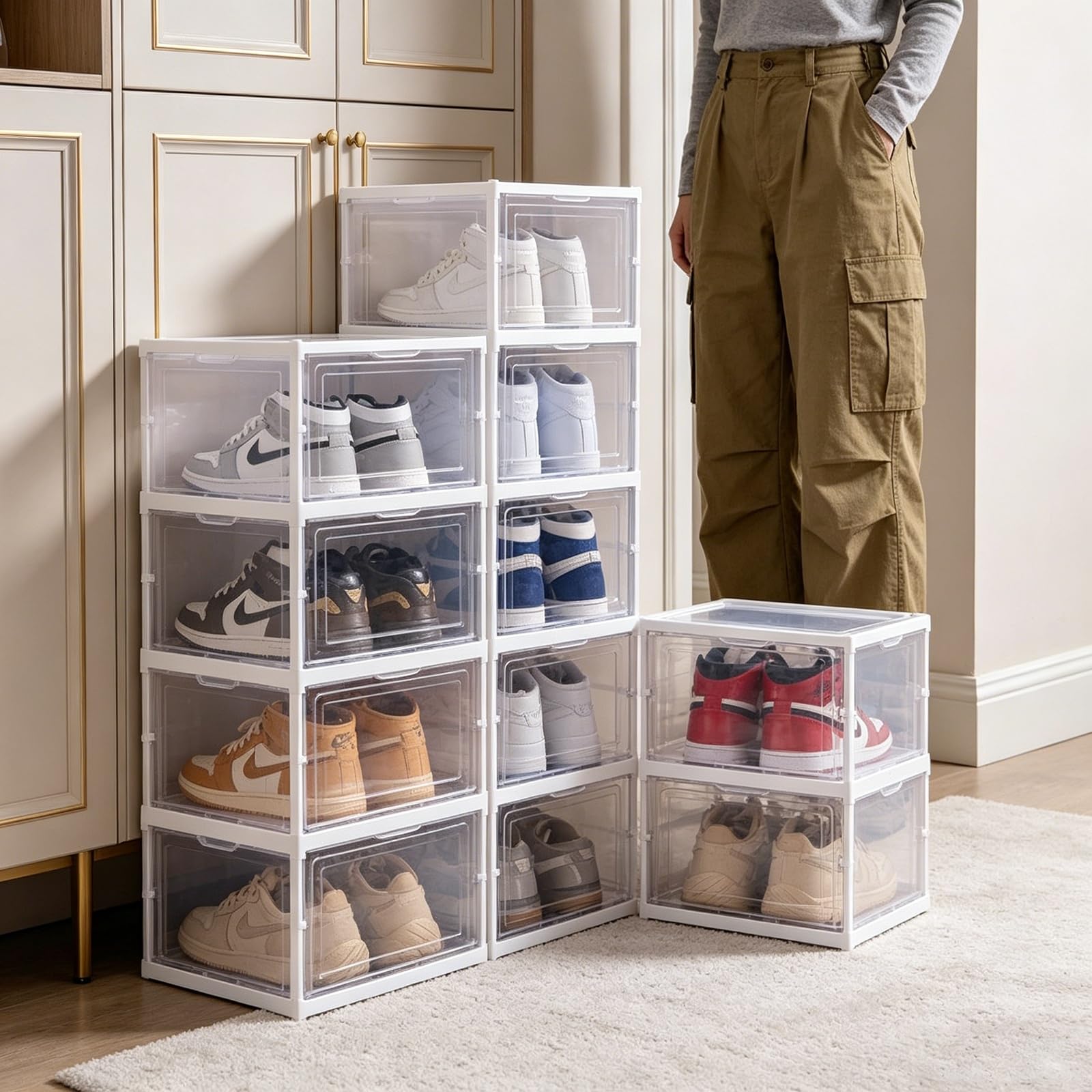 TYNGBT Foldable Shoe Organizer with Clear Panel, Stackable Plastic Shoe Container for Home Daily Use
