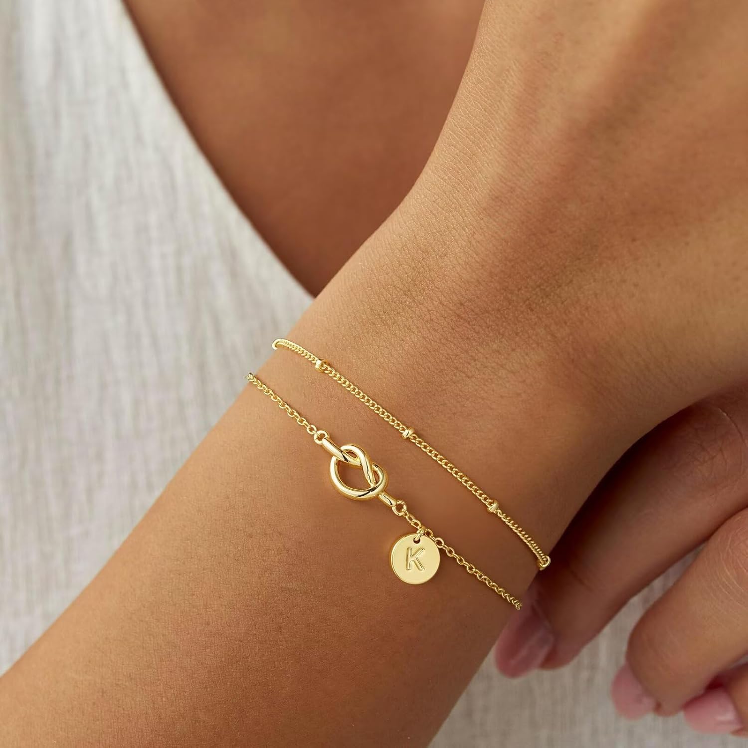 M MOOHAM Gifts for Kids Teen Girls - Initial Bracelet Dainty 14K Gold Plated Knot Heart Disc Letter A-Z Initial Bracelet, Layered Link Charm Bracelets for Women Girls, Womens Jewelry Gifts