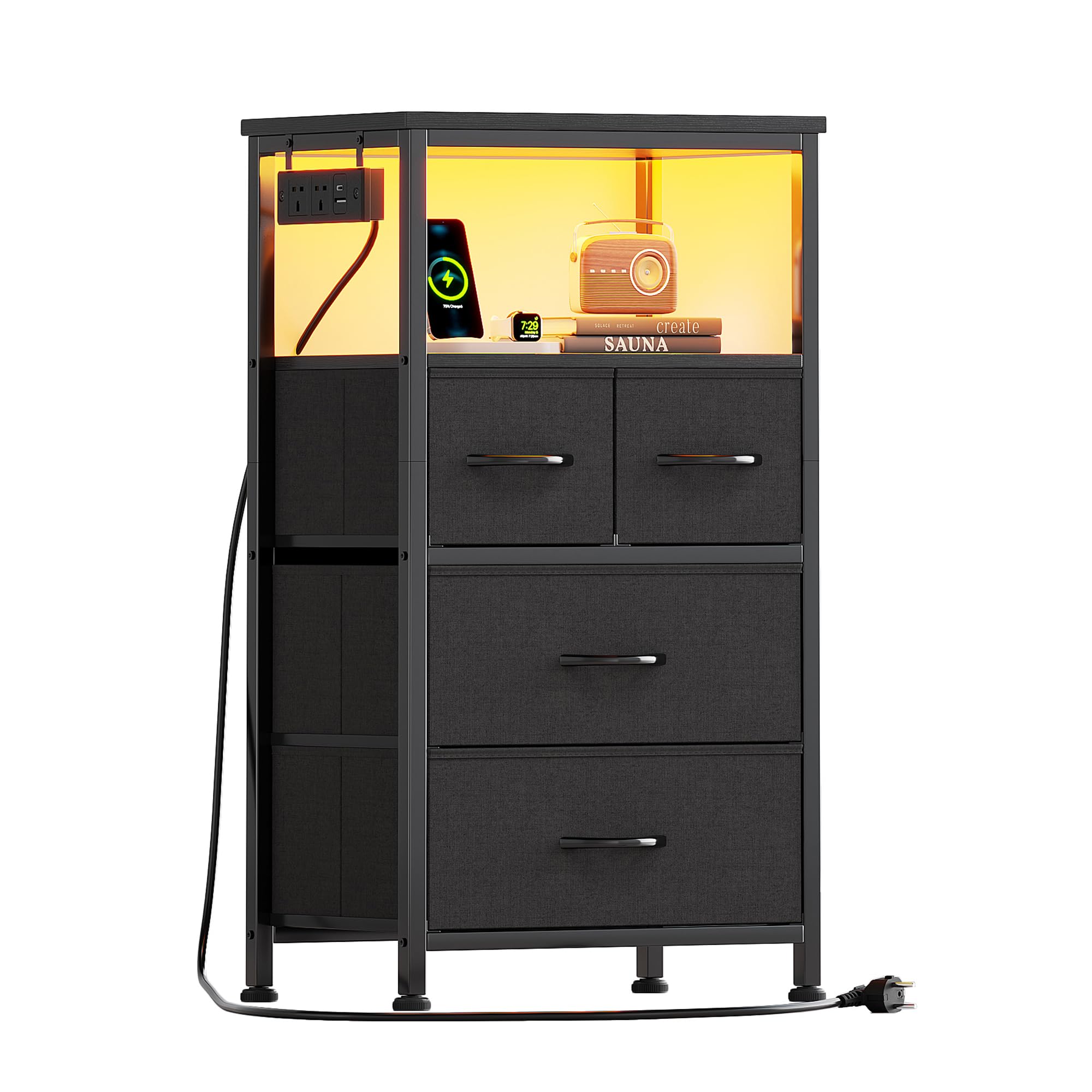Flrrtenv Bedside Table with Charging Station, 4 Drawers Fabric Chest of Drawers for Bedroom, LED Night Stand with Storage Shelf, End Table with 2 AC Outlets & USB Ports for Bedroom, Dorm, Black