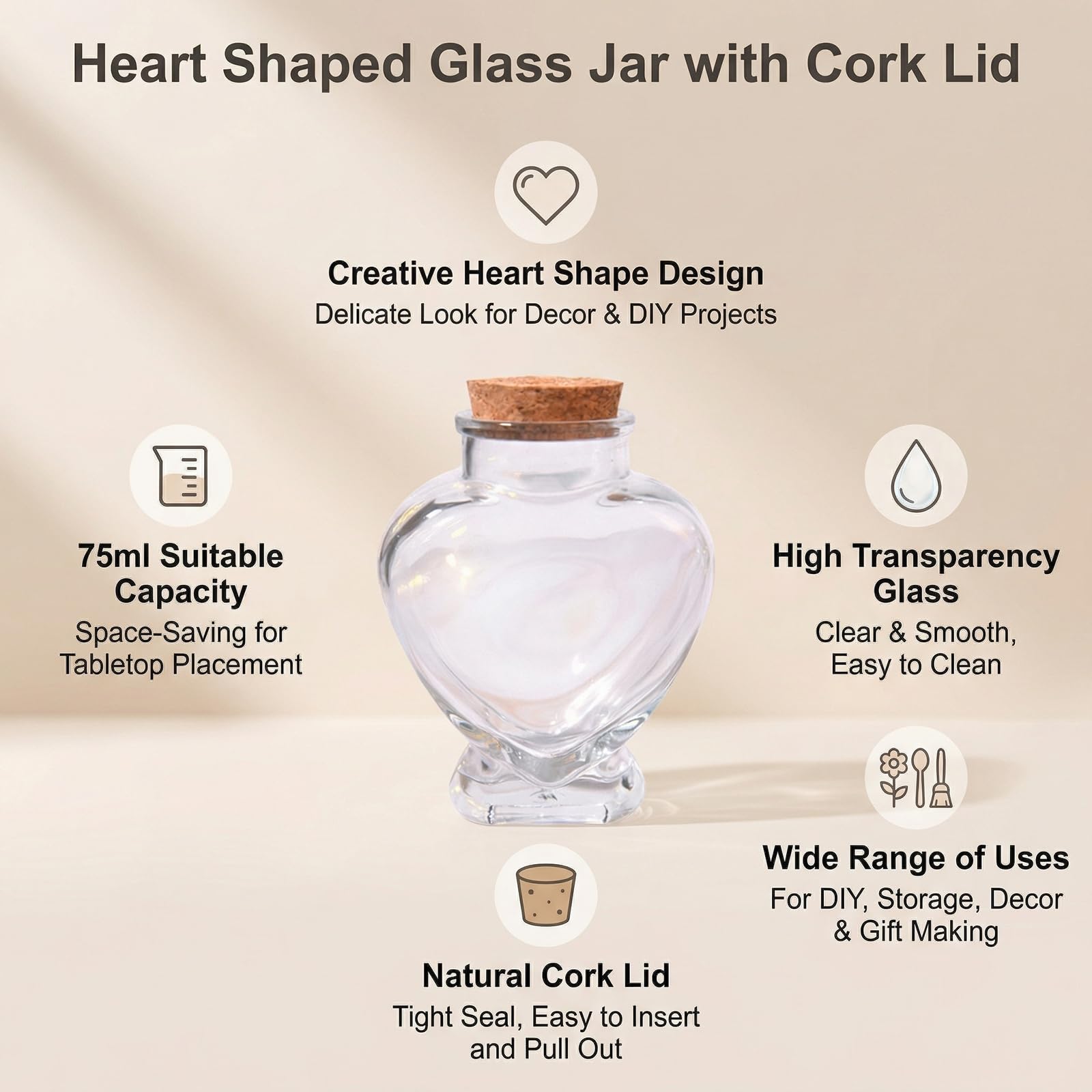 Bottiglia di vetro trasparente a forma di cuore da 75 ml con tappo in sughero, mini bottiglia decorativa dei desideri per messaggi, luna di miele, sabbia, ricordi, piccola fiala di nozze, barattolo
