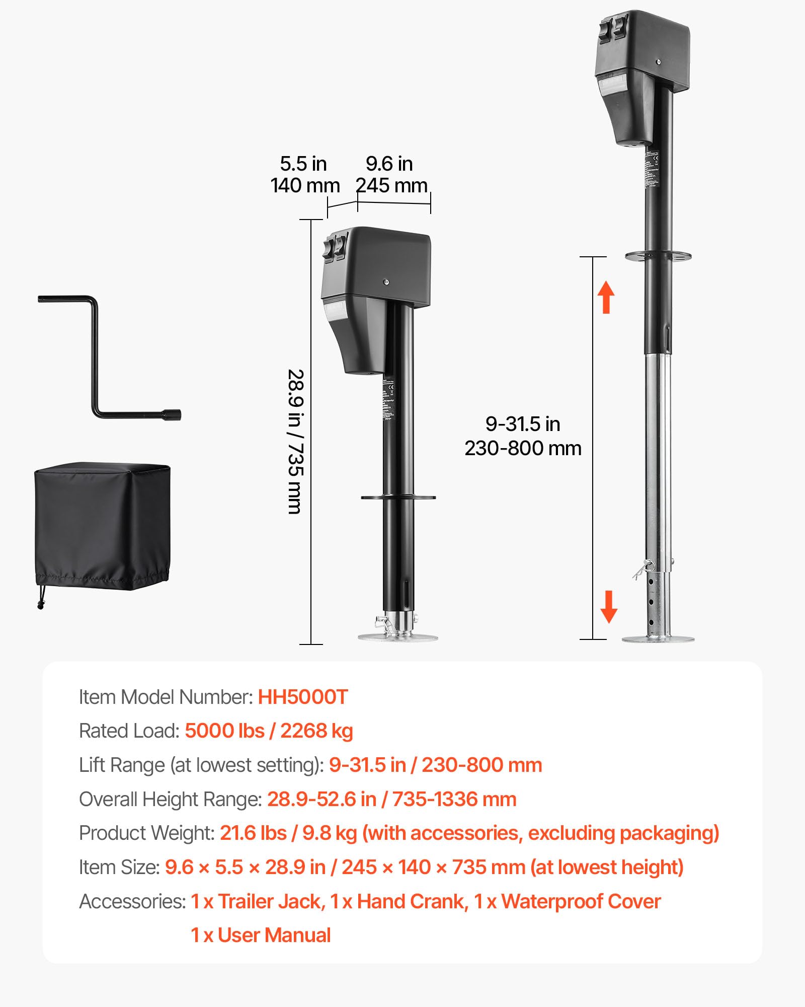 VEVOR Cric Remorque Électrique Charge 2268 kg Cric Électrique de Camping-Car Plage Levage 230-686 mm pour Caravanes Camping-cars, avec Connecteur à 13 Broches, Housse Étanche, Éclairage LED, 12 V CC