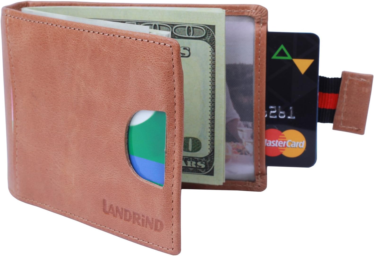 LANDRiND RFID Blocking Genuine Full Grain Leather Front Pocket Slim Bifold Wallets with Money Clip and Pull Tab Design for Men