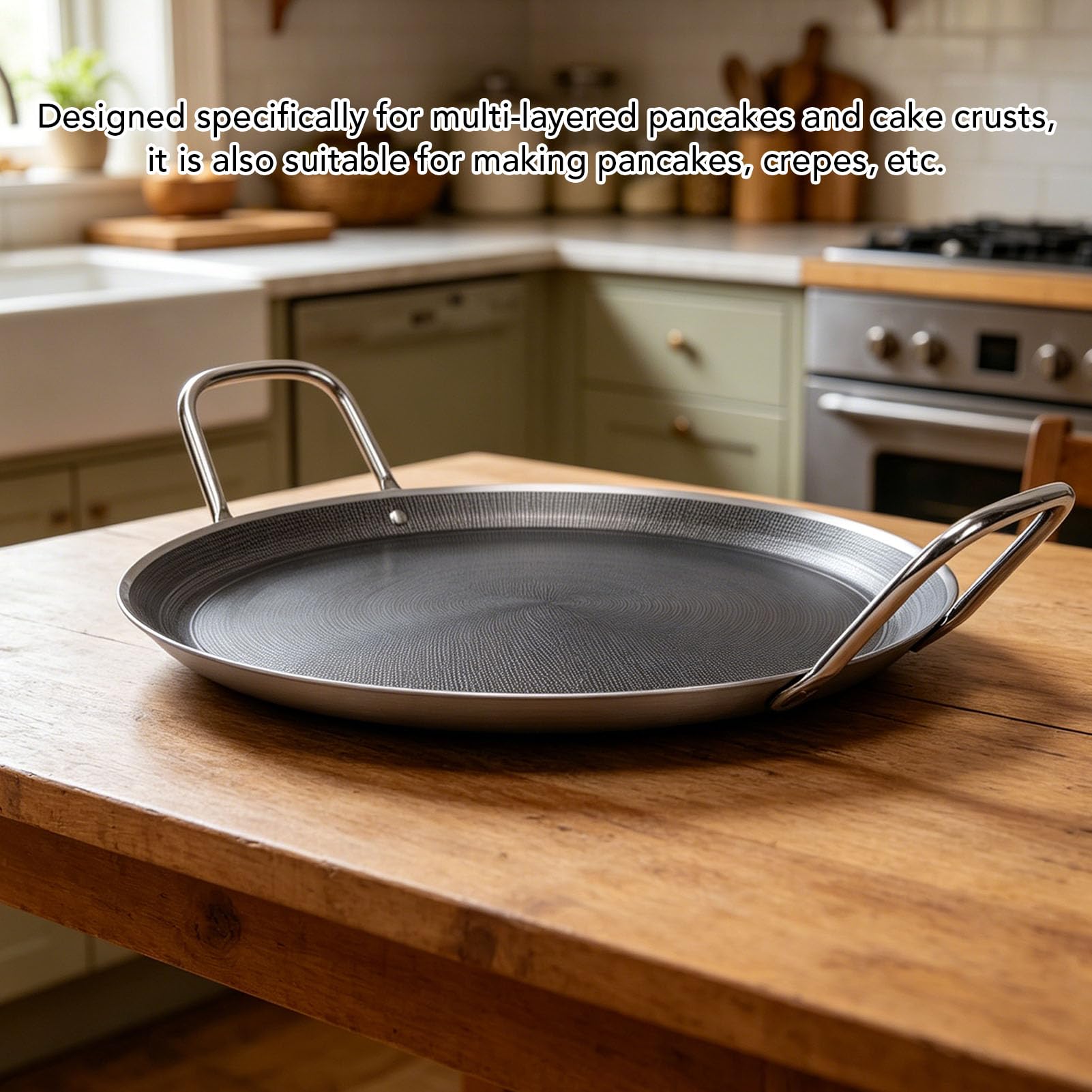 Zerodis Poêle à Frire, Poêle à Crêpes Plate en Acier Inoxydable, Double Poignées, Fond épais Antiadhésif pour la Maison, la Cuisine, la Cuisinière, le Gaz, L'induction, la Céramique et