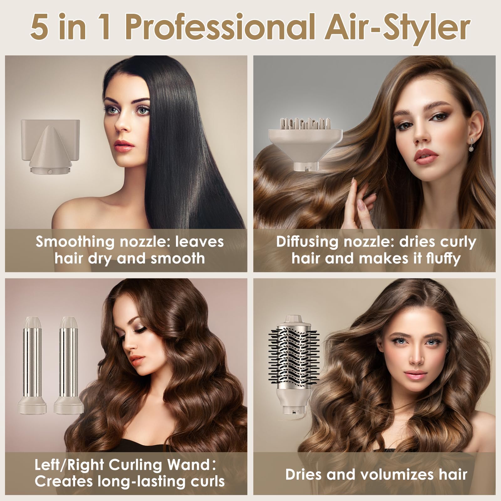 Anluomania Spazzola Asciugacapelli 5 in 1, Spazzola Ad Aria Calda 1000W, Asciugacapelli, Air Styler, Ferro Arricciacapelli Ad Aria Calda, 3 Temperatura, per Capelli Ricci, Volumizzante, Lisciante