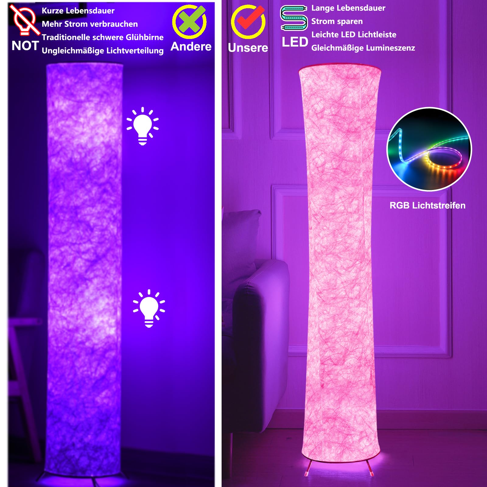 RGB Stehleuchte Modern LED Stehlampe Wohnzimmer Papierschirm Lampe | Farbwechsel Bodenleuchte Weiche Bunt Standlampe Fernbedienung Dimmbare Breit glitter standleuchte weiss Schlafzimmer Innen‌