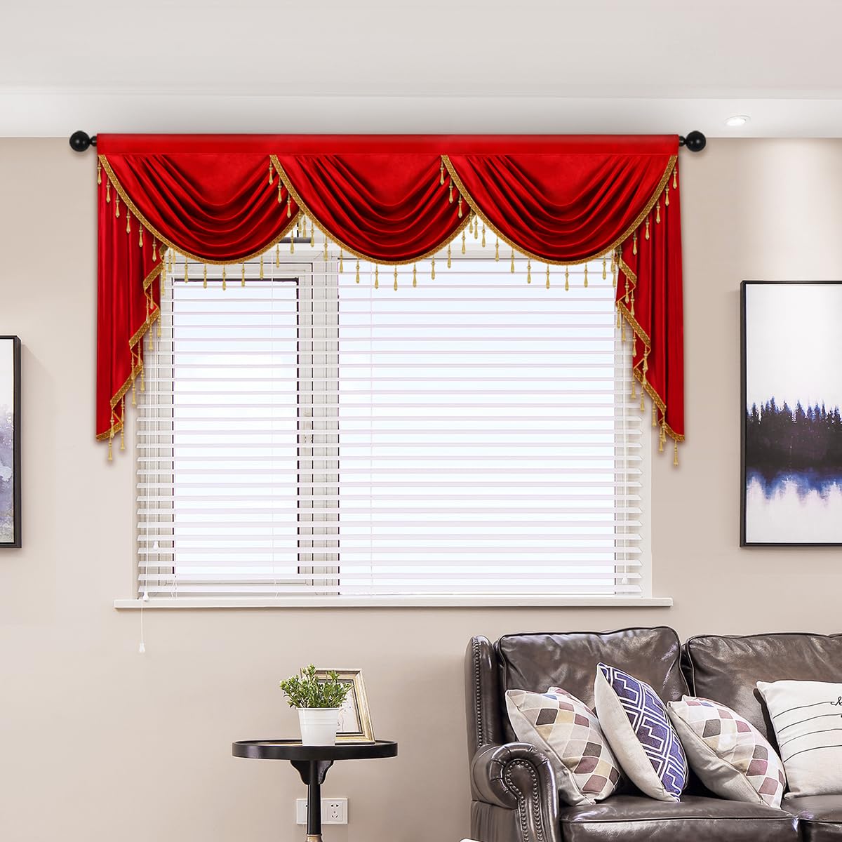 ELKCA Luxury Burgundy Red Velvet Curtain Valances for Living Room with Beads(79inch,1 Panel)