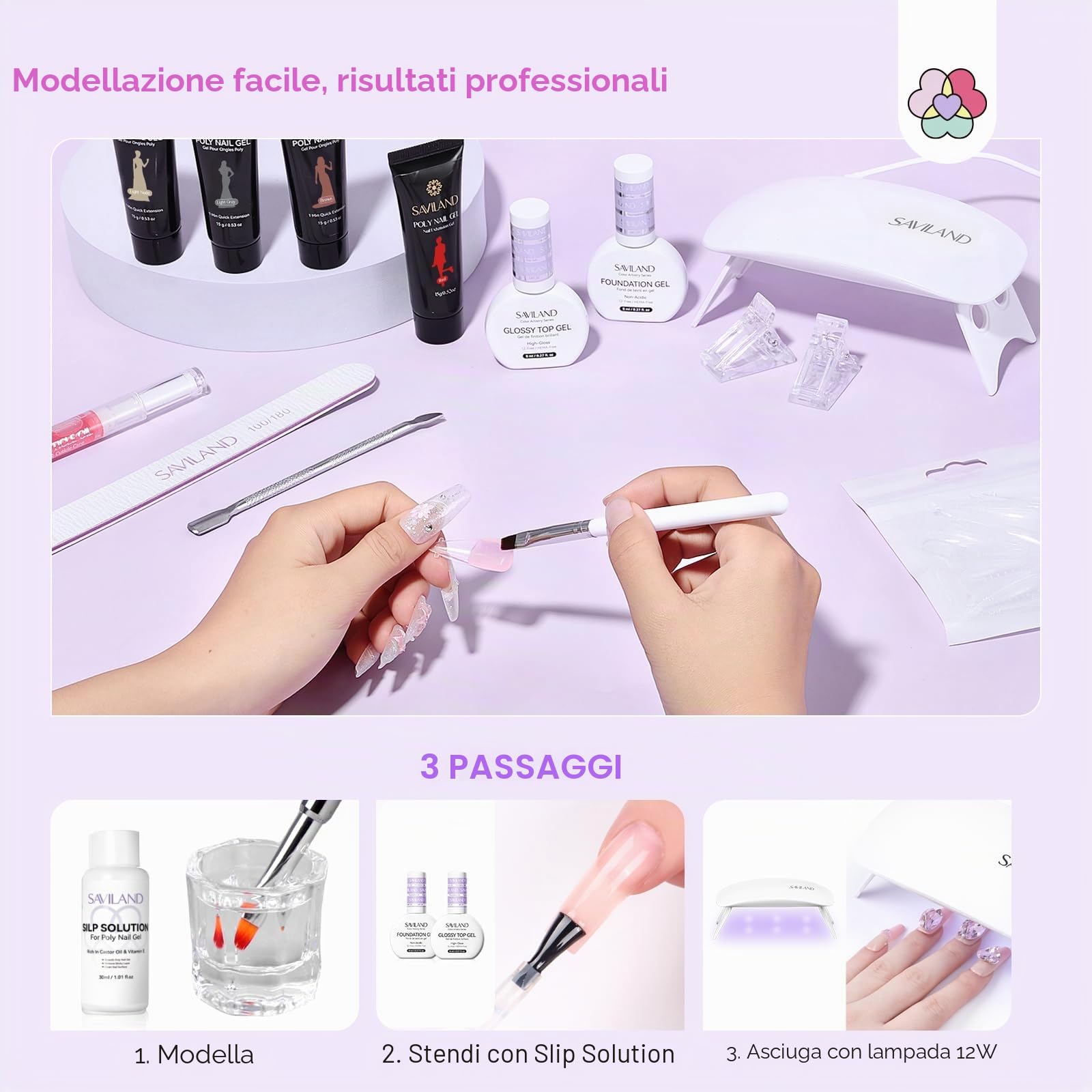 SAVILAND Kit Unghie Gel Completo 15 Colori 15g Polygel per Unghies con Lampada U V e Slip Solution, Kit Ricostruzione Unghie Professionale con Base y Top Coat Adatta per l'autunno e l'inverno