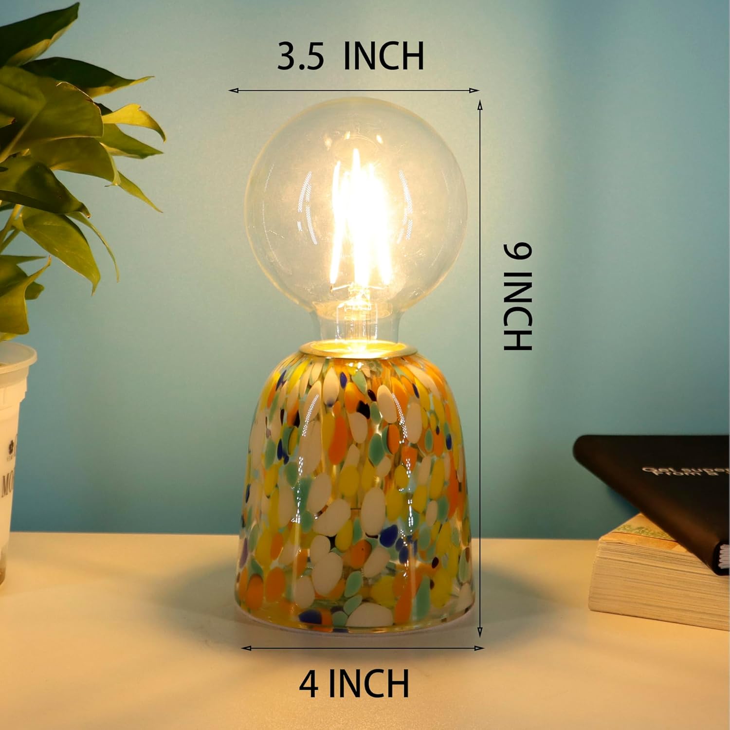 Mini Modern Glass Bedside Table Lamp, 4 x 4 x 9 Inch Nightstand Lamps, with Spherical Bulb Round Side Table Lamps for Bedroom Living Room Entryway Night Light (Yellow Green Glass Base)