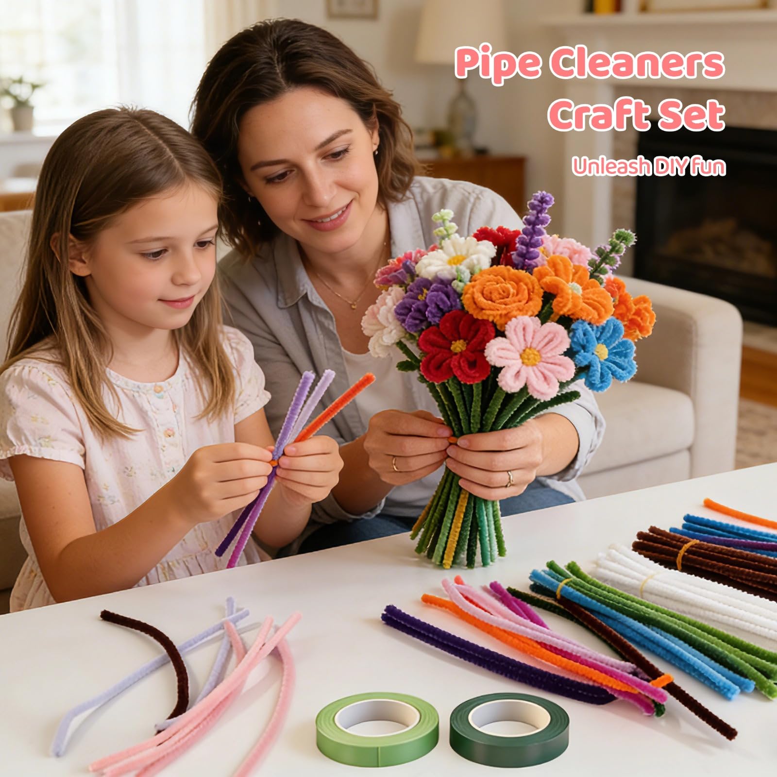 Selvotran Lot de 1300 cure-pipes, tiges chenille en 13 couleurs, 30 tiges florales, 2 rouleaux de ruban floral, autocollants perles et étamines, tiges pliables de 11,8 in pour projets DIY
