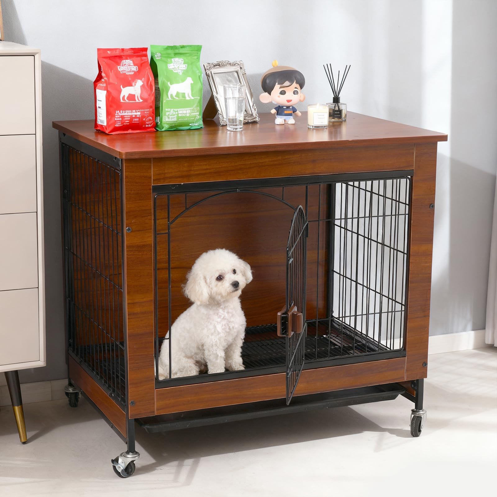Gabbia per Cani a Stile Mobile, 78cm Casetta per Cani in Legno Moderno per Interni, Multifunzione con Ruote Universali & Vassoio Rimovibile, Adatta a Cani Piccoli/Medi, 78x55x73 cm, Marrone Vintage