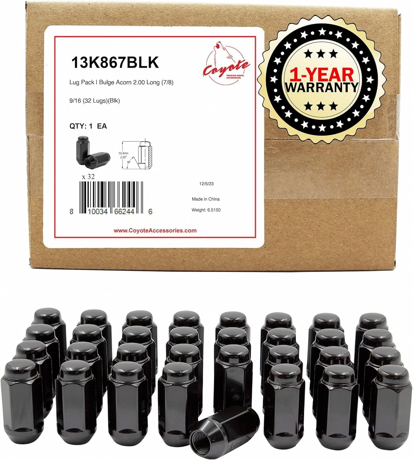 Wheel Accessories Parts 32 Pcs 9/16"-18 Thread Bulge Acorn 2.00" Long Lug Nuts Black 22mm 7/8" Hex Fits Chevrolet GMC C20 K20 K30 K35 C2500 C3500 ｜ Ram 2500 3500 ｜ Dodge RAM 150 Mega Cab ｜