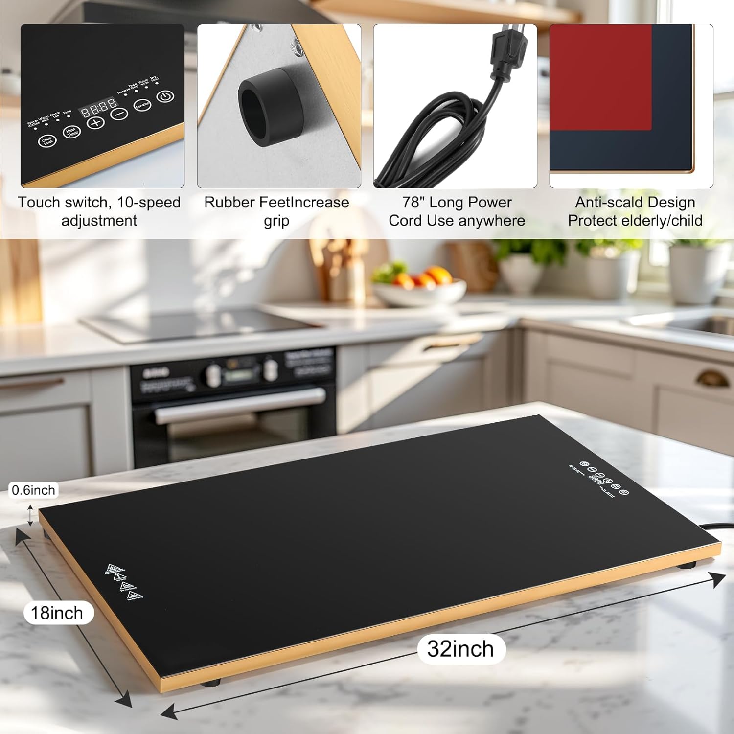 Essential Items for a Christmas Party-Electric Warming Tray(XXL 32”x18”),Touchscreen-Controlled Food Warmer Mat – Full Surface Heating with 10 Temp Settings & Thermostat | Great for Parties & Buffets