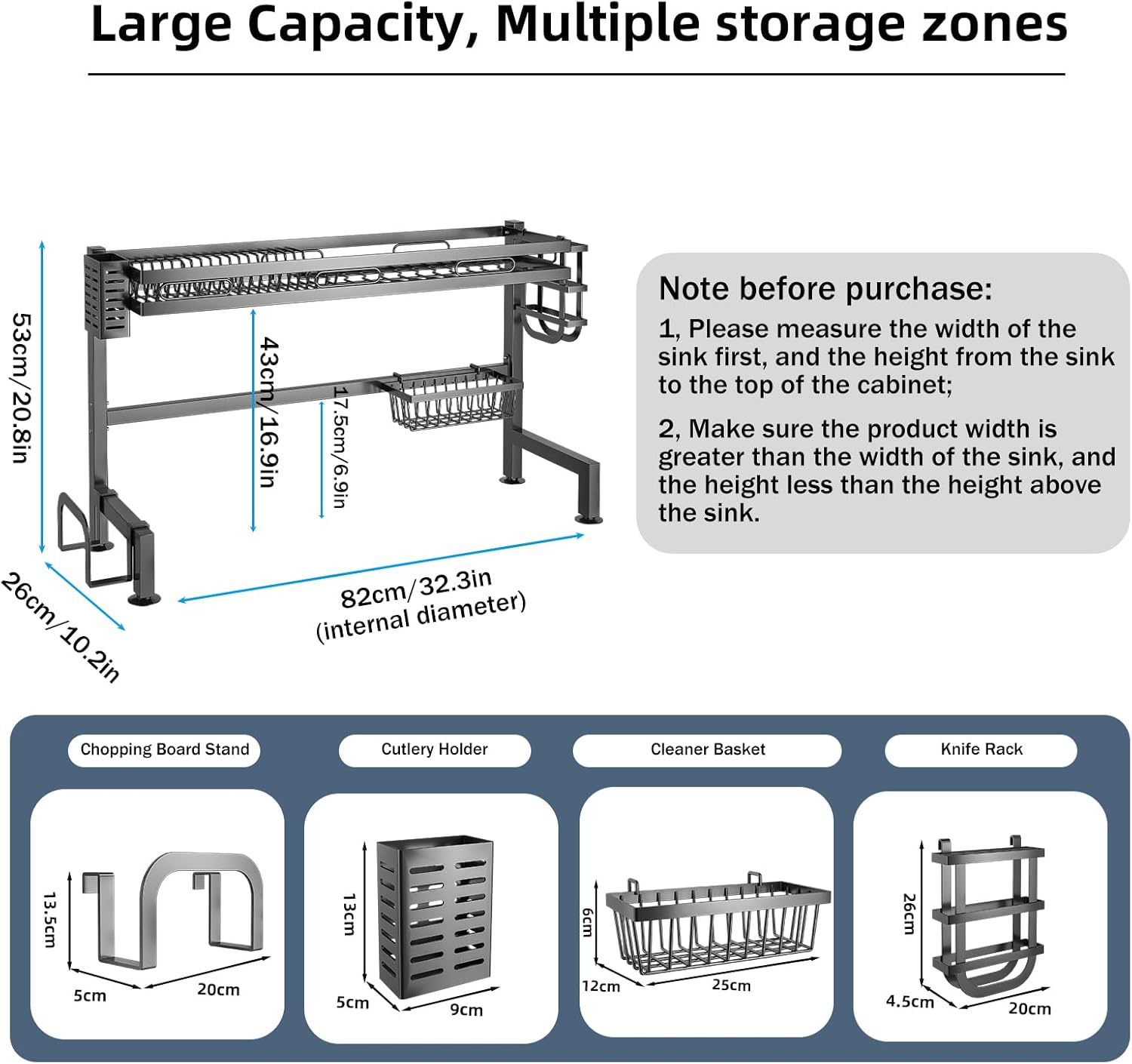 Over Sink Dish Drying Rack Kitchen Above Sink Shelf Large Capacity 82cm/32in