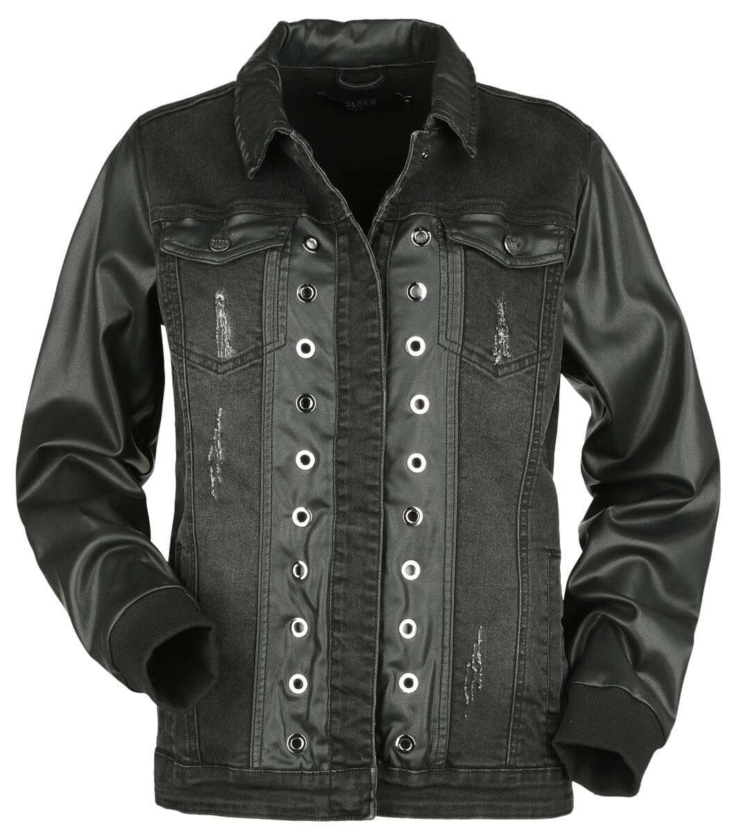 Black Premium by EMP Femme Veste en jean noir avec détails en faux cuir