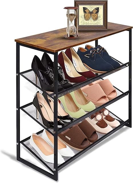HEYZOEY Shoe Rack, 4-Tier Shoe Racks Storage with Flat & Slant Adjustable Metal Mesh Shelves, Free Standing Shoe Rack Organizer for Entryway, Hallway, Closet, Industrial, Rustic Brown Black