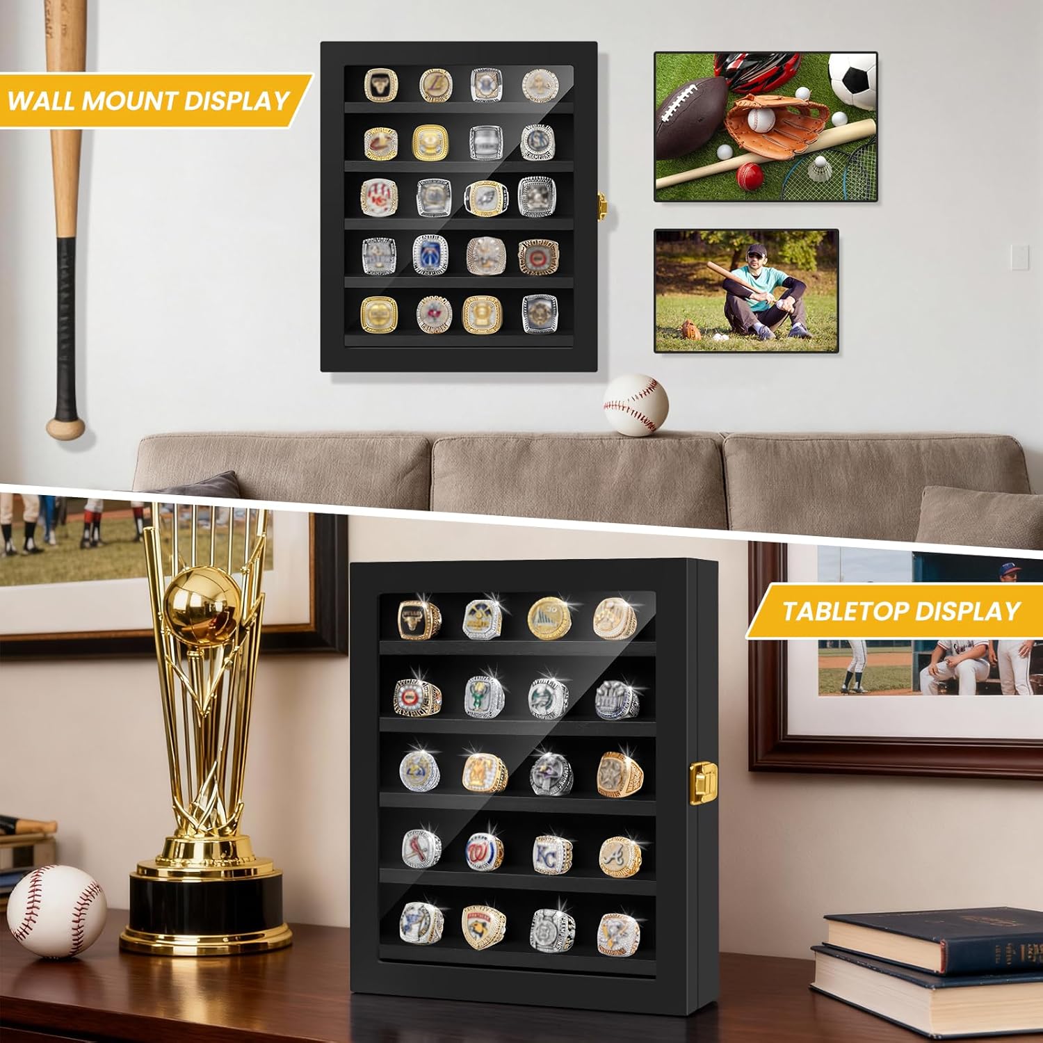 Championship Ring Display Case - 20 Ring Posts Baseball Ring Holder with LED Light, Baseball Ring Display Case, Wall Mount Wooden Shadow Box for Collection Sports Champion Rings (Black)