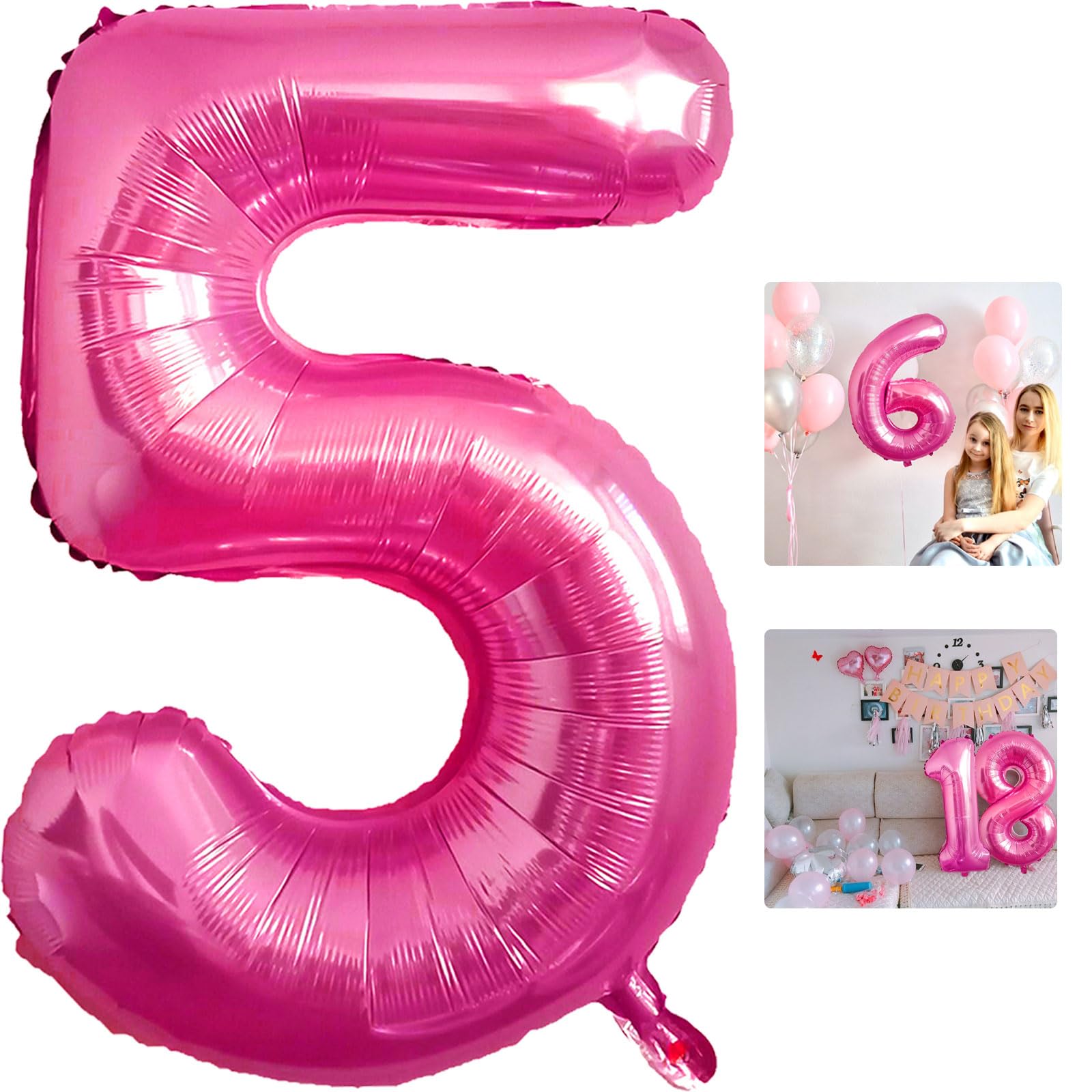 5 Number Balloon Pink 40 inch Big Foil Mylar 5th Balloons for 5 Year Old Boy Girl Birthday Party Decorations Wedding Anniversary Events Supplies