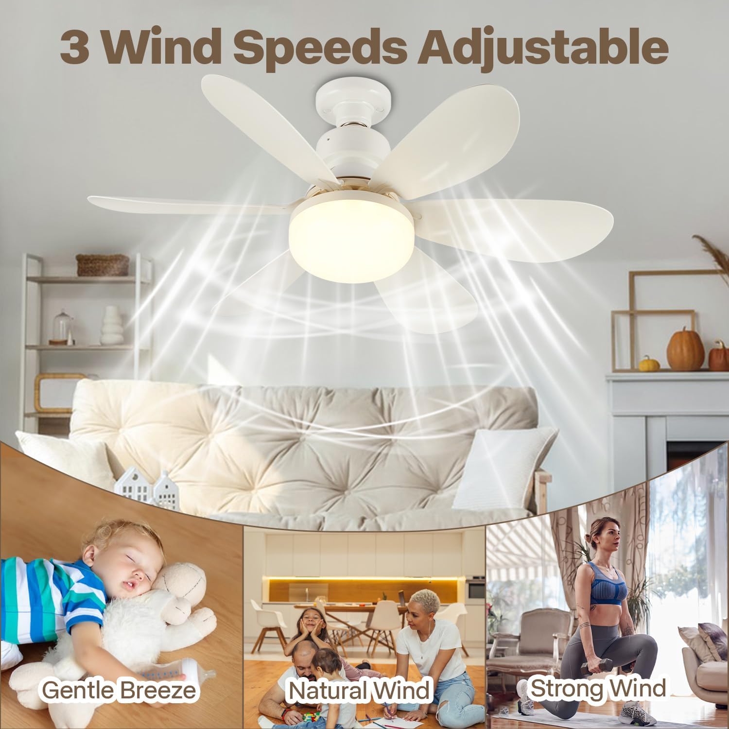 Lights Bulb Ceiling Fan for Bedroom Dimmable E27 Base Led Ceiling Fans with Light and Remote Control 3 Colors 3 Speeds Modern Kitchen Screw in Ceiling Fans Lamps (52cm/20.47in, Base Not Included