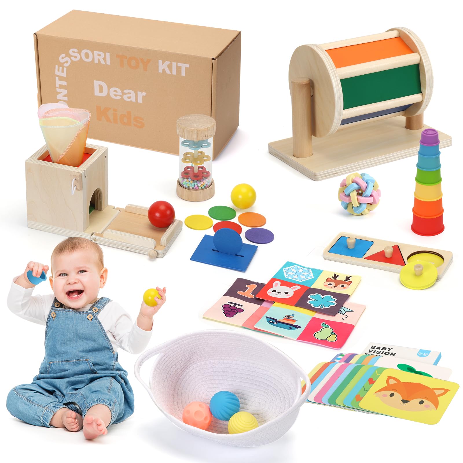 Child-Safe Montessori Educational Sensory Toy Set for Babies and Toddlers 6-12 Months - Must-Have for Early Development - 10 in 1 Wooden Learning Toy kit with Object Permanence Box, Stacking Cups etc