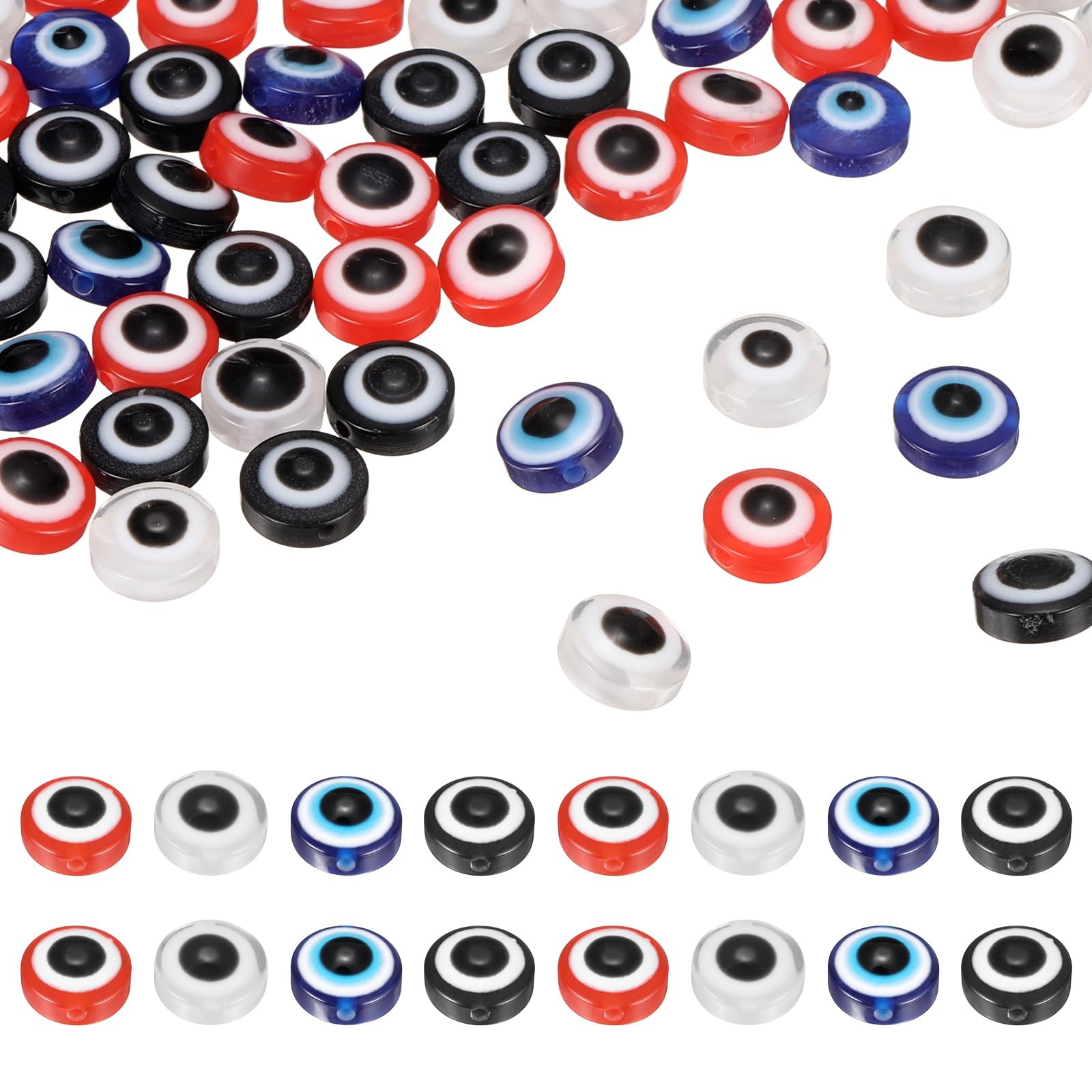 sourcing map Evil Eye Beads, 200 Pcs 10mm Resin Flat Round Evil Eye Charm for Jewelry Making DIY Bracelet Earring Necklace Craft, Bright Blue/Red/White/Black