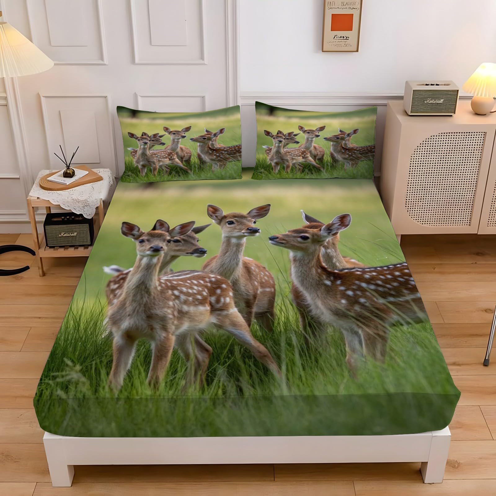Regulowana pościel z gumką Jeleń Sika Sawanna 160x200 Animal Pościel dla zwierząt, miękki wygodny ochraniacz na materac z głęboką kieszenią 30 cm i 2 poszewkami na poduszki