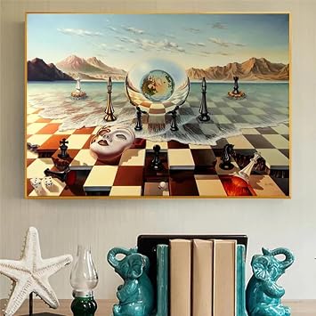 HOLEILUCK Salvador Dali Surrealism Chess Mask On Sea Canvas Prints Painting Wall Art Abstract Weird Gold Frame Prints Picture 40x60cm/16x24inch With-Golden-Frame Ready to Hang