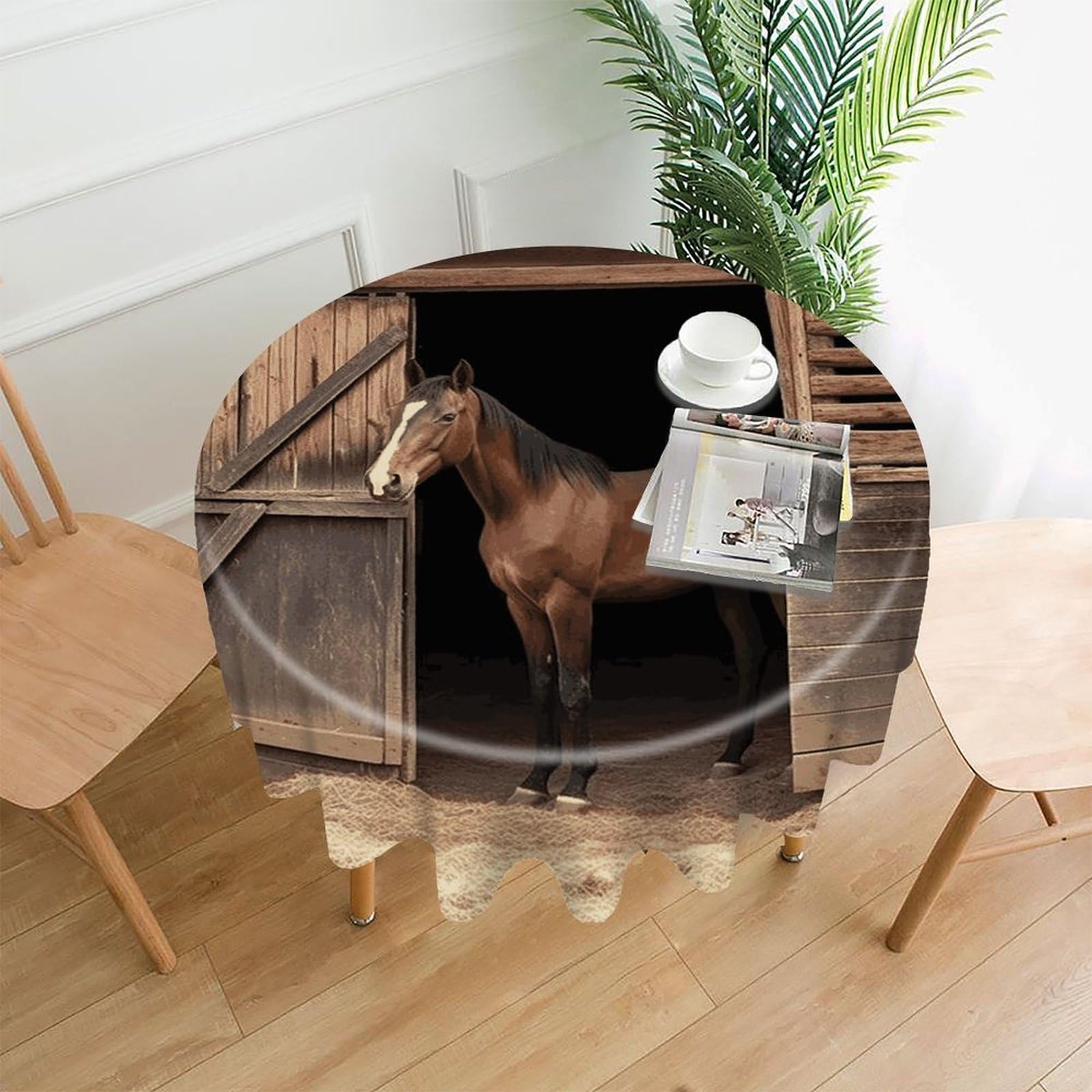FekiLoot Round Barn Horse Tablecloth Decorative Fabric Table Cloth Wrinkle Free Circle Dining Tablecover Washable Polyester Table Cover for Holiday Dinner Party Decor 60"
