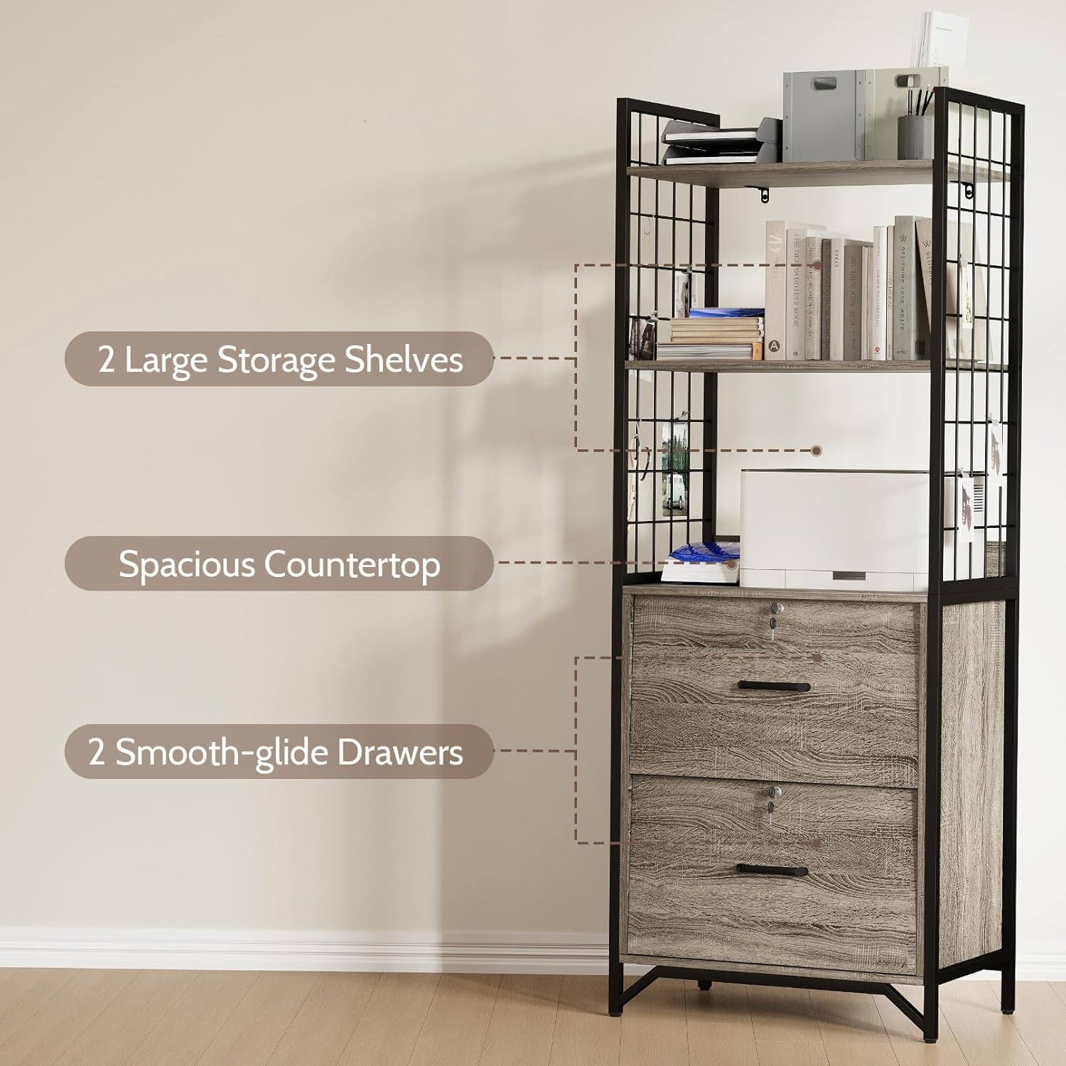 File Cabinet for Home Office, 64" Filing Cabinet with Printer Stand and Bookshelf, Small Office Cabinet with 2 Wood Drawers and Locks, Farmhouse Office Organization and Storage Fits A4/Letter/Legal