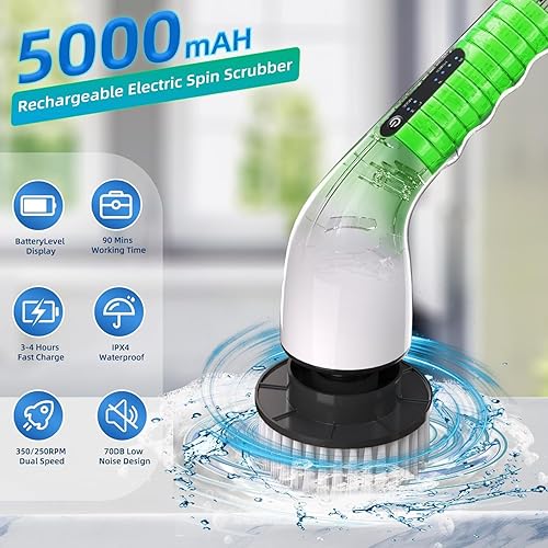 Miniatura 5 de Fregador eléctrico giratorio para baño, con mango ajustable, 2 velocidades, limpiador de baño con 8 cabezales de cepillo reemplazables, limpiador