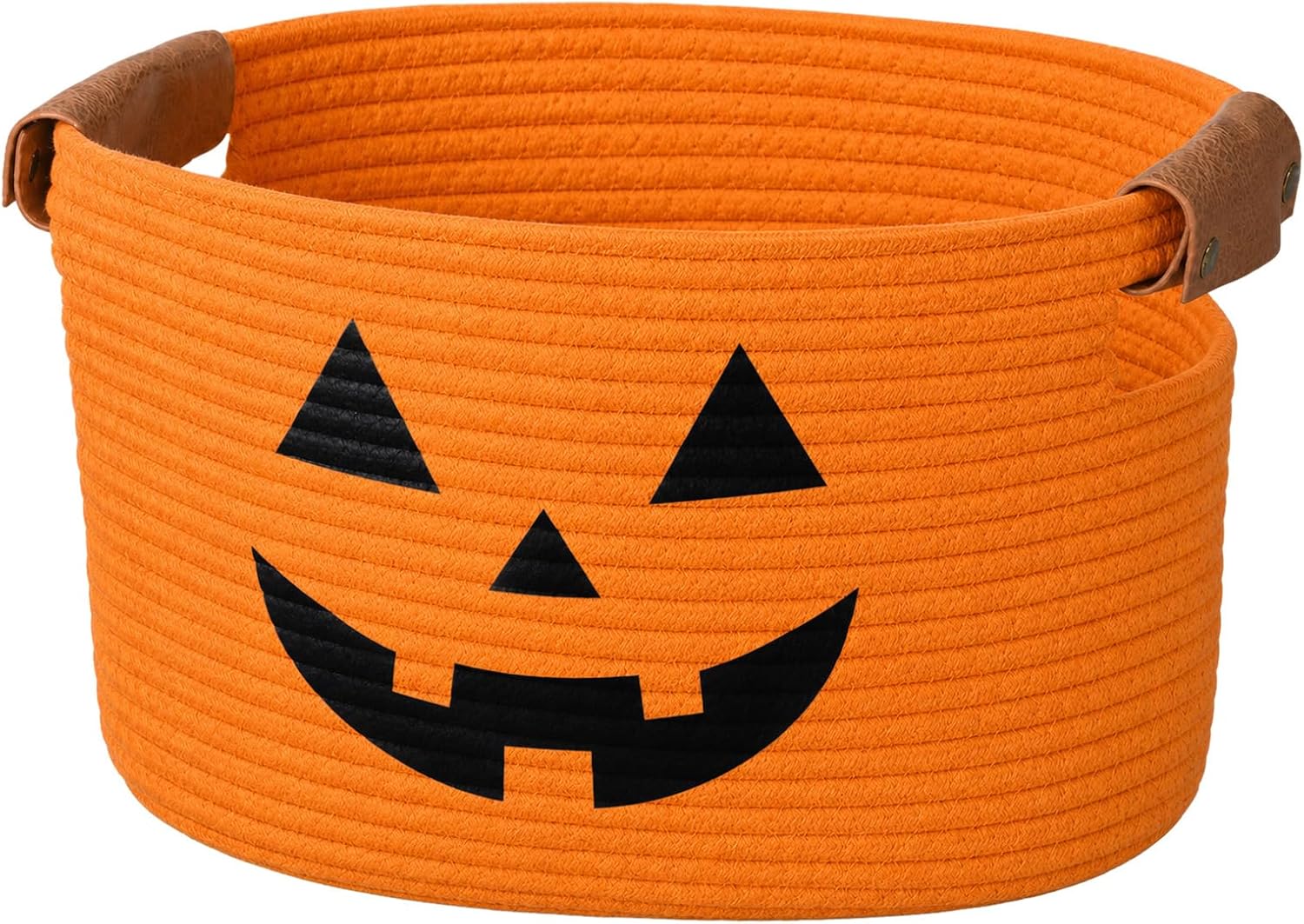 Potchen Halloween Pumpkin Cotton Rope Basket with Handles Orange Funny Woven Basket Gifts Stuffers Storage for Halloween Decorations, Gifts, Bedroom Home Stuffers, 15 x 9.8 x 9.1 Inch