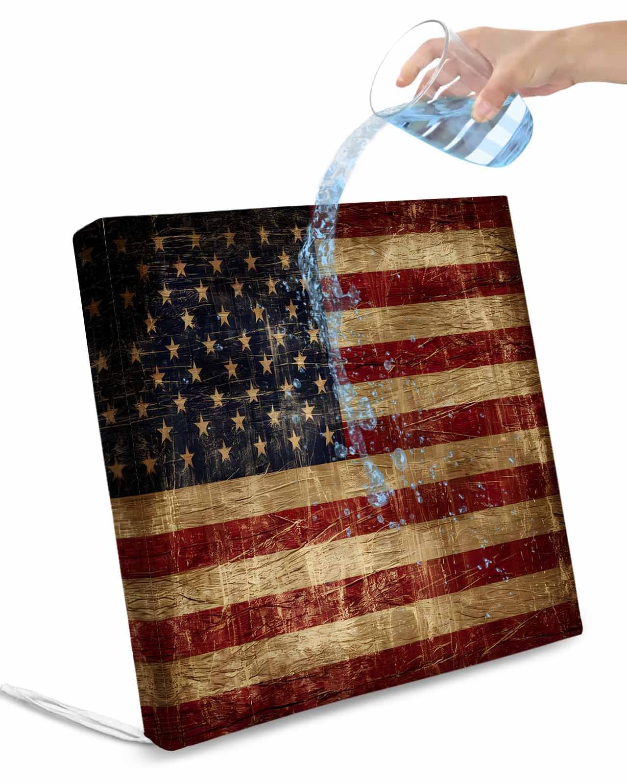 Hokiten Vintage American Flag Outdoor Cushion Chair Cover Set of 4 - Waterproof Couch Seat Covers, Farmhouse Shabby Retro Red Blue Patio Furniture Protector Cushions Slipcovers for Sofa/RV, 22