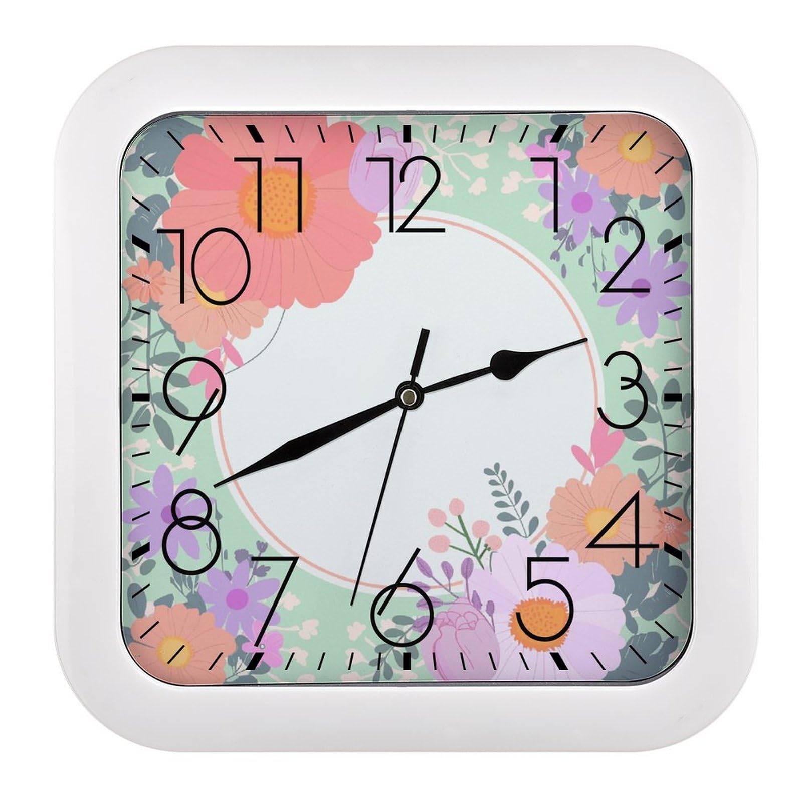 Horloge murale carrée fleurs oranges et violettes silencieuse pour maison et bureau