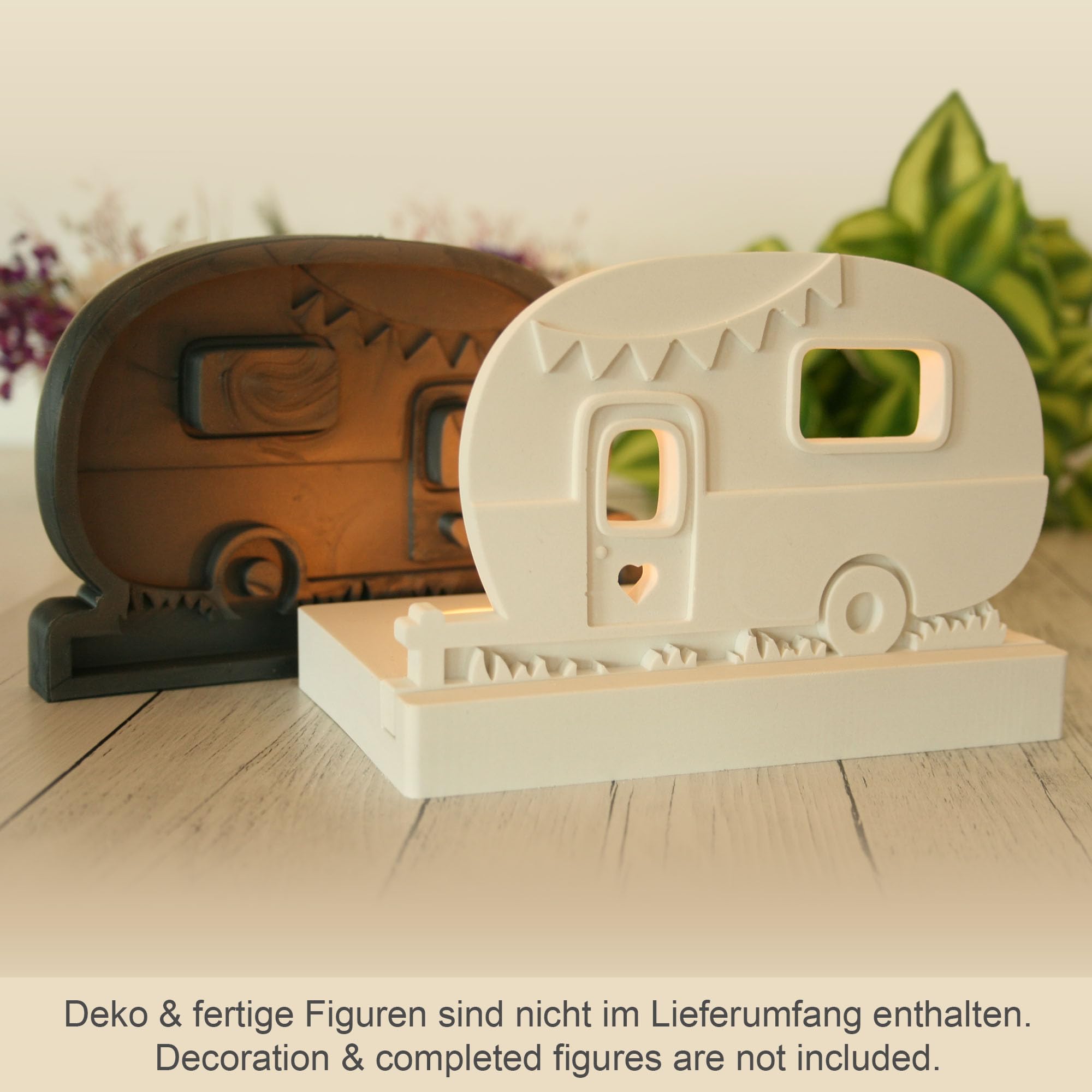 3er-Set Silikon-Formen „Campingwagen“ inkl. 1kg Keraflott Reliefgießpulver zur Herstellung handgegossener Teelichthalter und Einschiebe-Deko