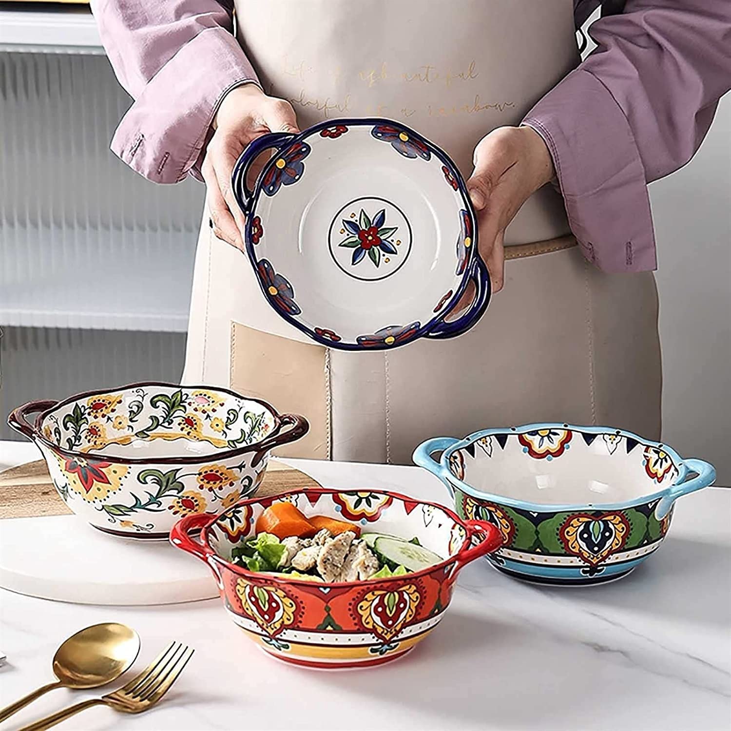 Henkel Suppentasse Suppenschüssel Elegante Suppenschüsseln aus Keramik mit Löffel, 26 Unzen große handbemalte Zwiebelsuppenschüssel mit Blumen und Griff, Frühstücks-Haferflocken-Salat-Müsli(Blu)