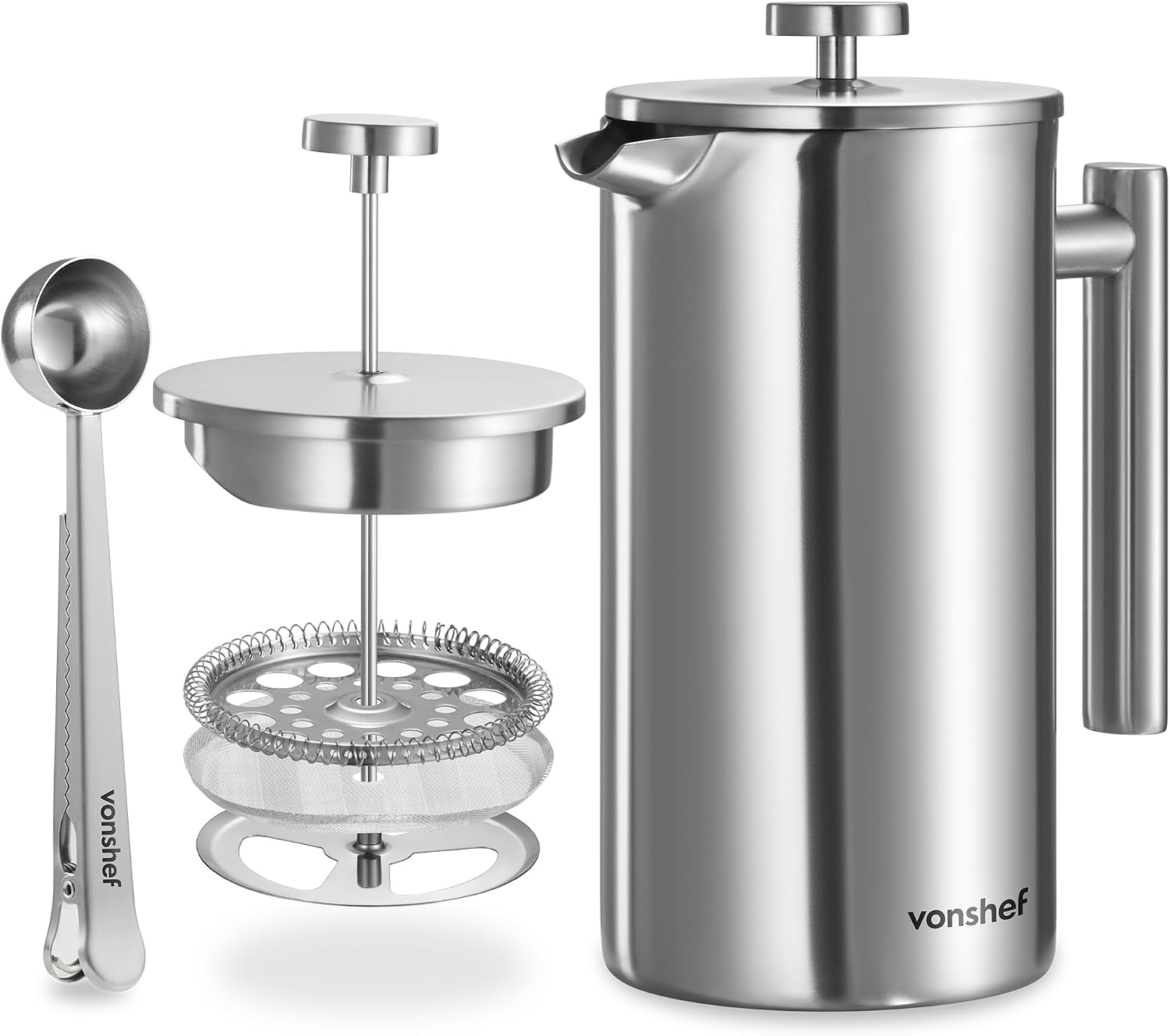 VonShef 12 Cup Cafetière, 1.5L Double-Walled Stainless Steel French Press