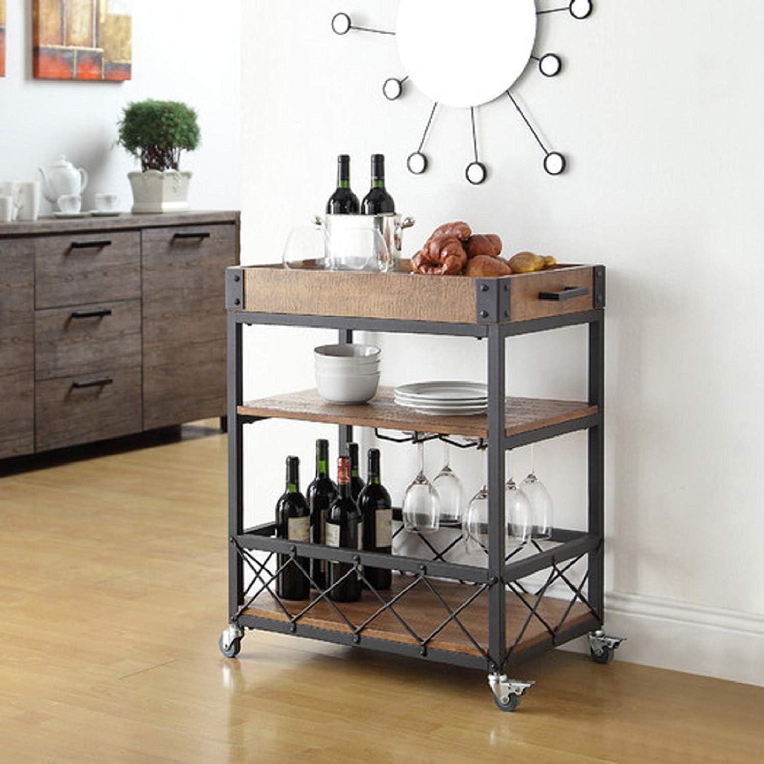 OGFC 45471 Black 28'' Rectangular Kitchen Cart with MDF Wood Top and 3 Tiered Storage Area 1